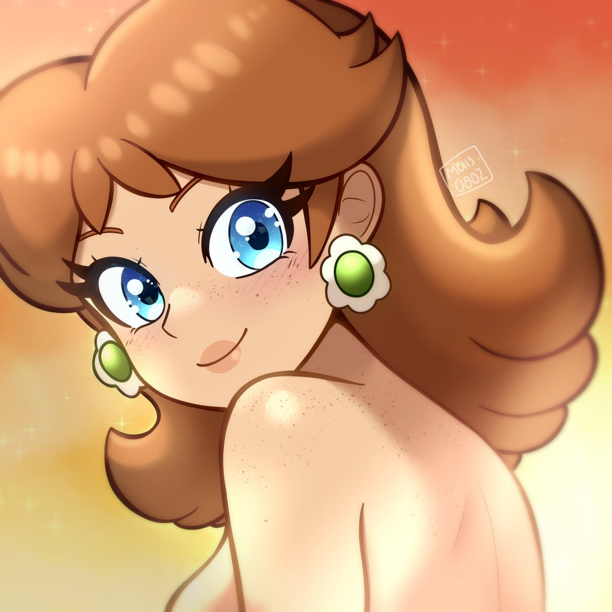 back, bare back, blue eyes, blush, brown hair, cute face, earrings, eyelashes, female, flower earrings, freckles, looking at viewer, looking back, mario (series), muis0802, nintendo, nude, princess, princess daisy, sassy, seductive smile, sexy, sideboob, smile, tomboy, young, young female
