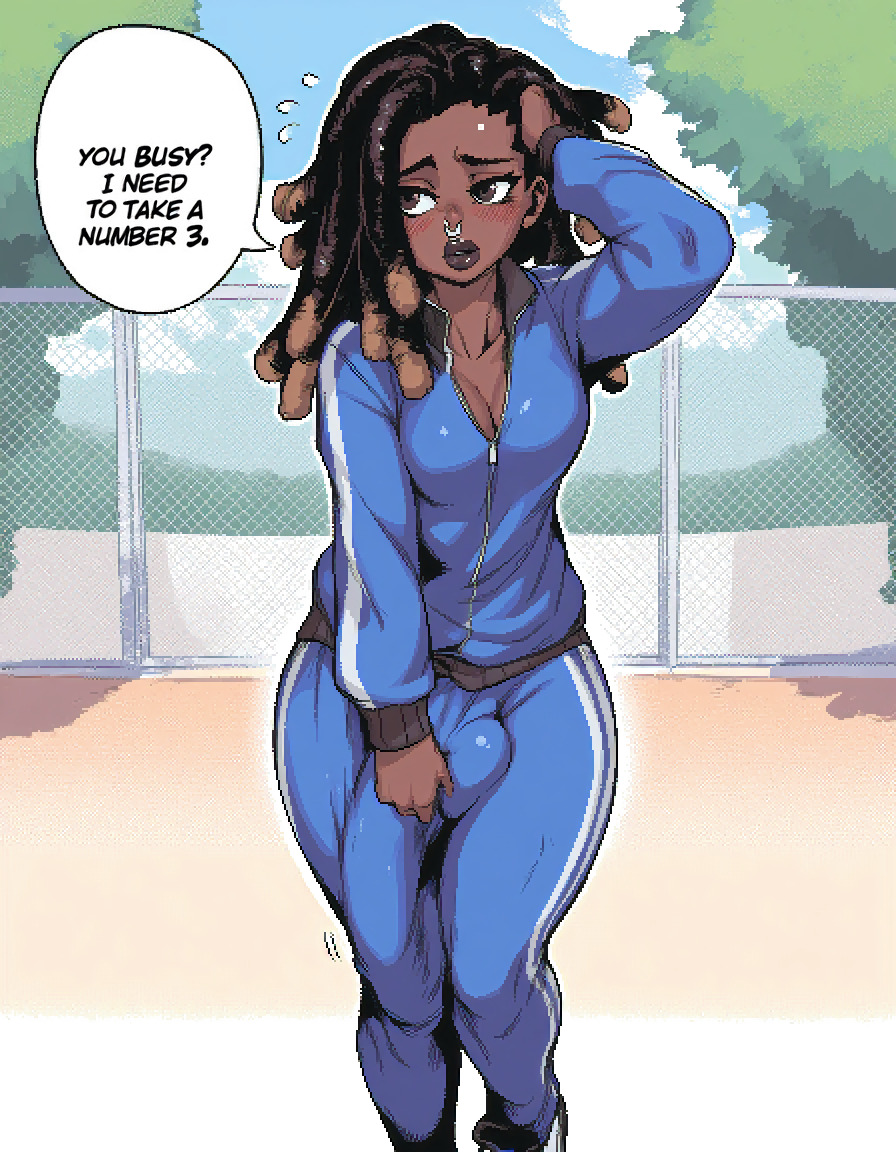 ai generated, big penis, bulge, bulge down leg, cleavage, colored tips, dark skin, dark-skinned futa, dreadlocks, dyed hair, embarrassed, futanari, hand on penis, intersex, long penis, nose piercing, original character, penis, school, self upload, sudospritez, track pants, track suit