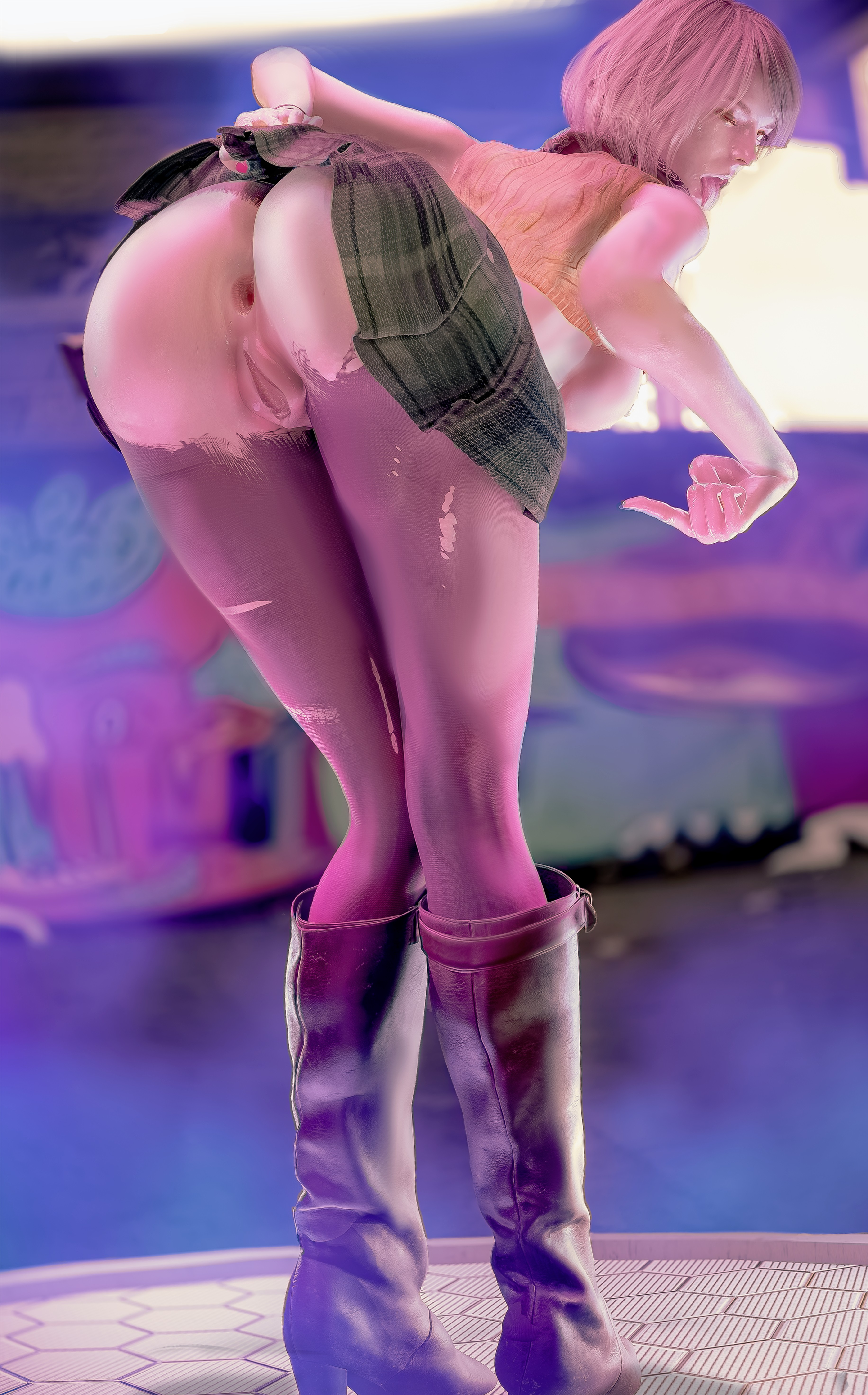 3d, 3d (artwork), 3d model, 3d render, ashley graham, breasts, clothed female, clothing, no panties, pantyhose, resident evil, ripped clothing, ripped pantyhose, shirt lift, skirt, spekospeko, upskirt, viewed from behind, viewed from below