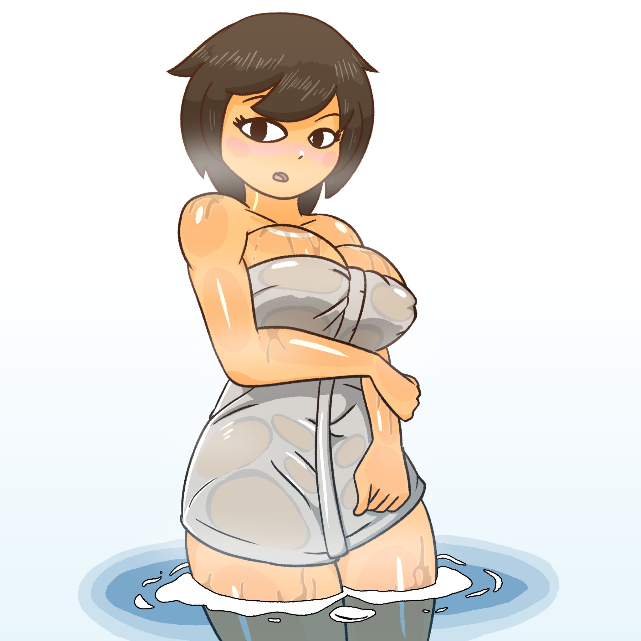 1girls, ava (gazoogaloo), big breasts, black eyes, black hair, blush, borrowed character, breasts, bruhmynameisdylan, cleavage, female, female only, mii, nintendo, open mouth, short hair, simple background, solo, solo female, tomodachi life, towel, towel only, water, wet, white background