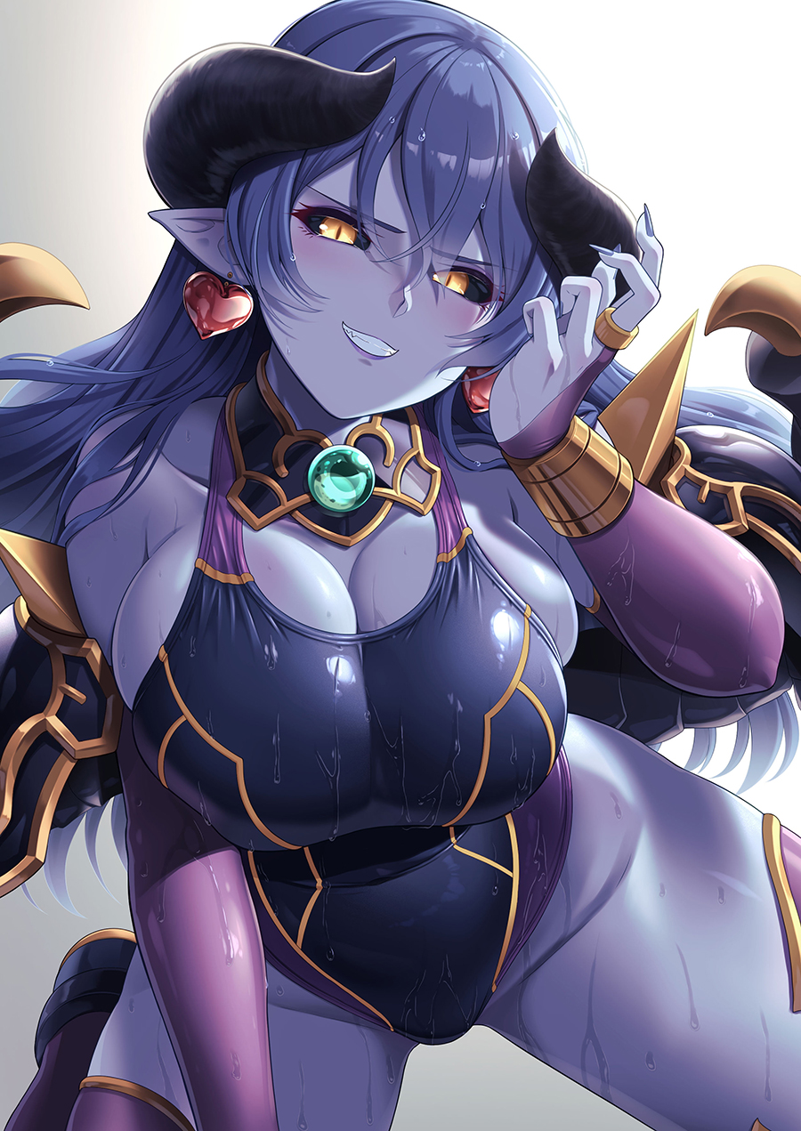 astaroth (shinrabanshou), big breasts, black sclera, blue hair, blue skin, breasts, female, hassen (8cm), horns, long ears, looking at viewer, pointy ears, shinrabanshou, slit pupils, smile, smiling at viewer, succubus, succubus horns, swimsuit, tagme, thick thighs, wet, yellow eyes