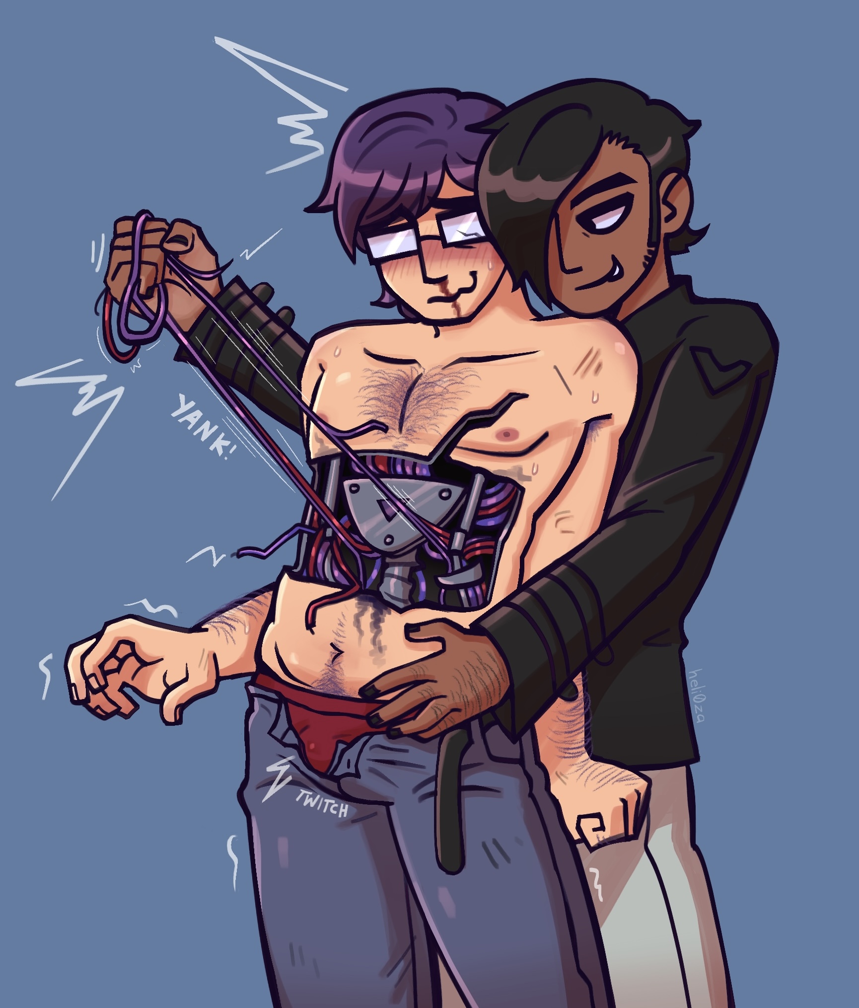 2boys, bloody nose, bulge, gay, gay sex, gideon gordon graves, heli0za, male, male only, matthew patel, mechabare, nosebleed, pants open, penis, robot, robot boy, robot humanoid, scott pilgrim, shirtless, twitching, twitching penis, wire pulling, wireplay, wires