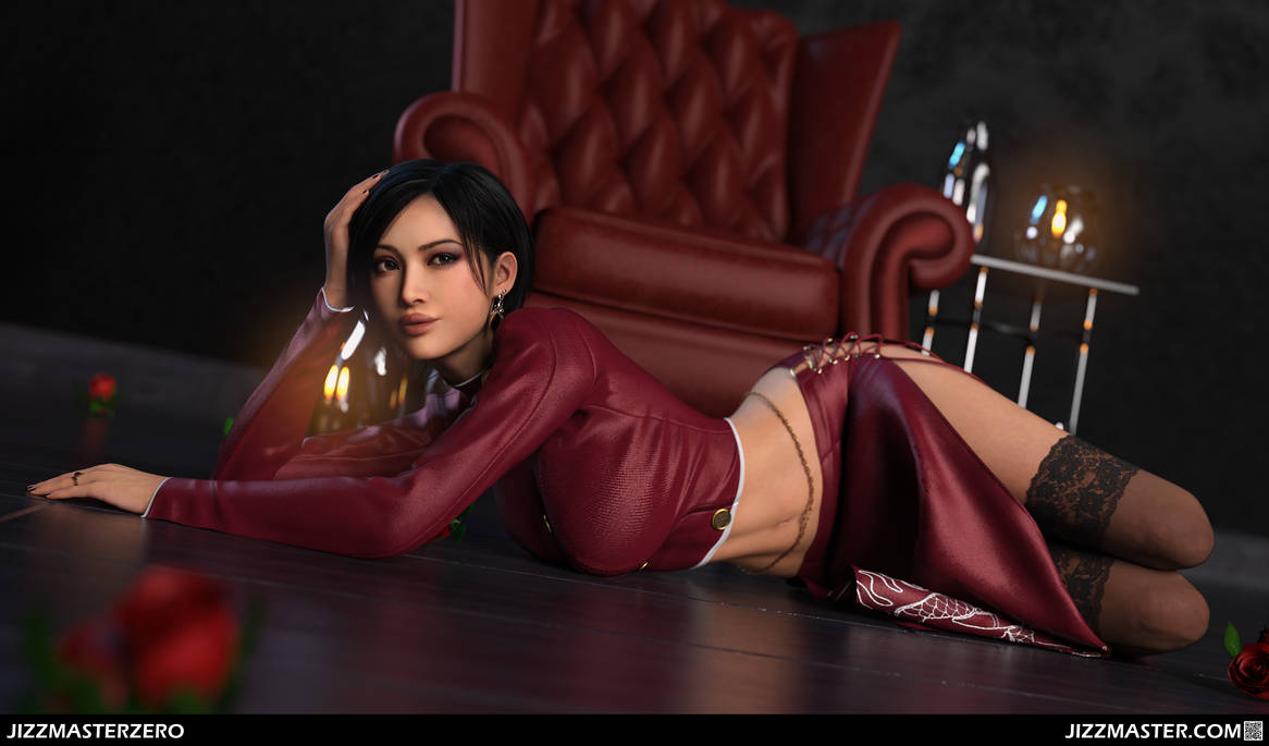 3d, 3d (artwork), 3d model, 3d render, ada wong, ada wong (adriana), armchair, asian, asian female, belly, black hair, brown eyes, chinese female, earrings, female, fit female, highres, jewelry, jizzmasterzero, lace-trimmed thighhighs, laying on floor, laying on ground, midriff, on floor, on ground, pinup, posing, resident evil, resident evil 4, resident evil 4 remake, ring, roses, seductive, short hair, skirt, stockings, thighhighs