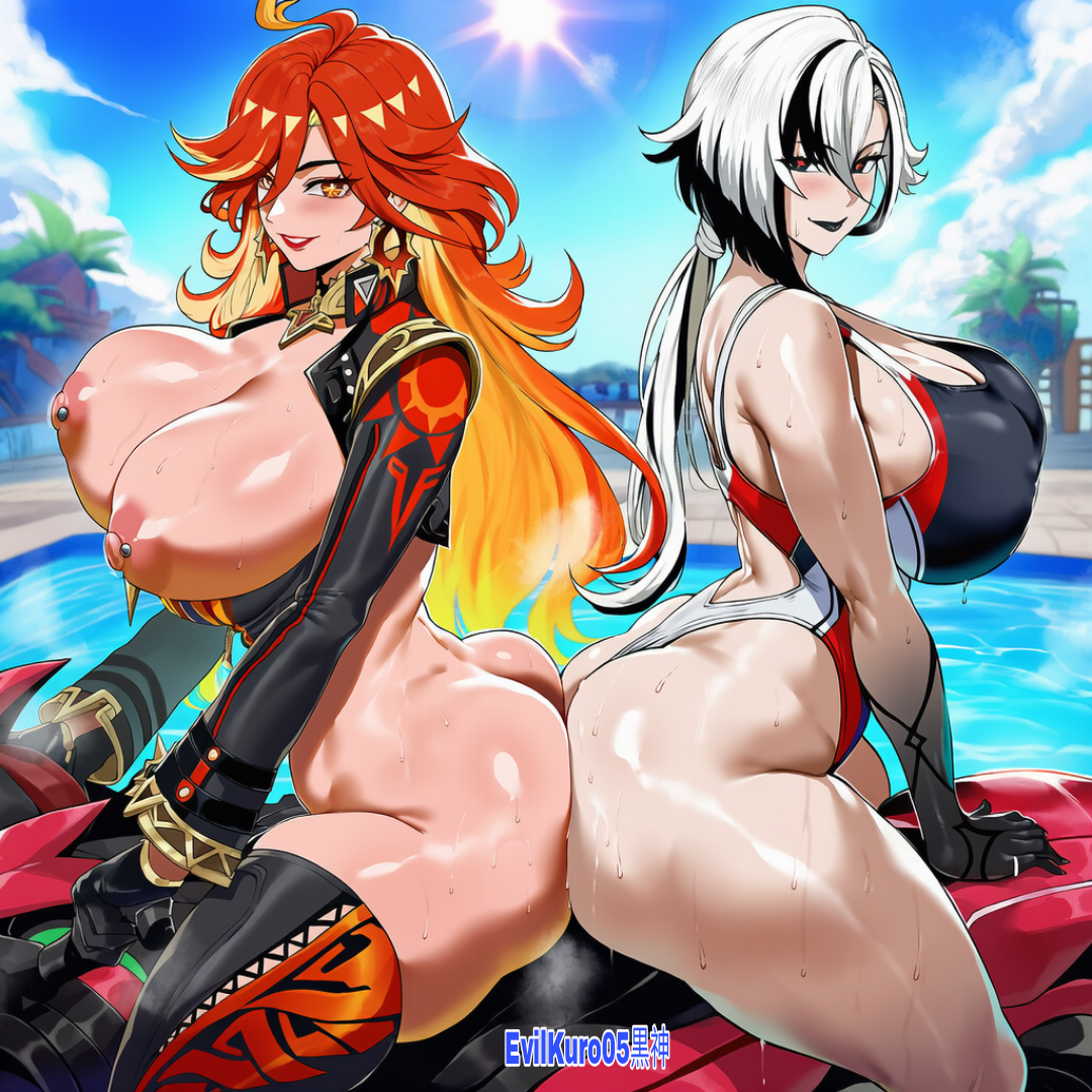 ai generated, arlecchino (genshin impact), ass, ass-to-ass, breasts, competition swimsuit, curvaceous, curvy female, curvy figure, evilkuro05, female, genshin impact, hoyoverse, looking at viewer, mavuika (genshin impact), nipple piercing, nipples, on motorcycle, posing, sitting, summer, sweat, thick hips, thick legs, voluptuous female