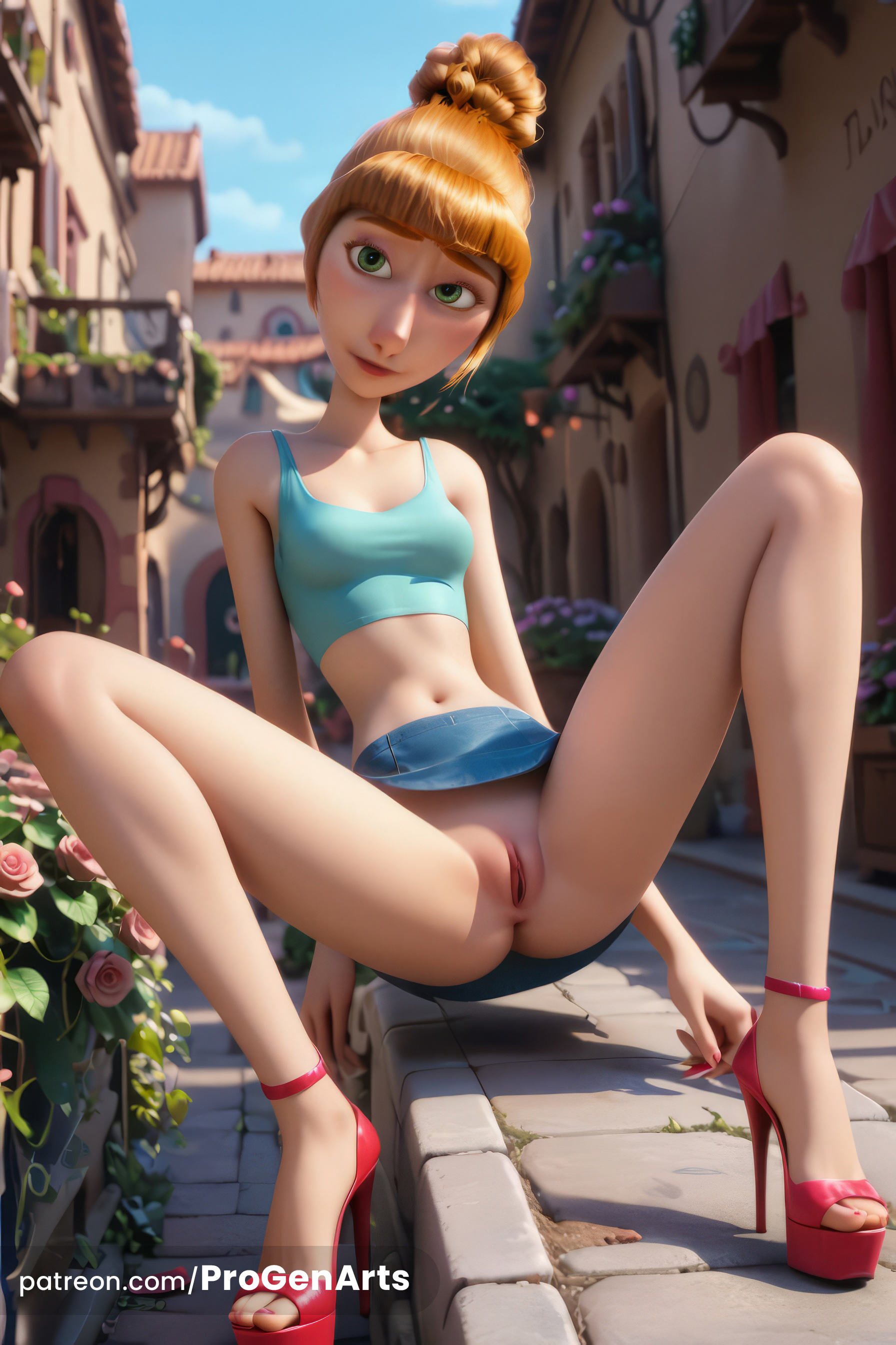 1girls, ai generated, anus, artist name, blonde hair, blue skirt, blunt bangs, blush, breasts, building, closed mouth, crop top, day, despicable me, despicable me 4, feet, female, flower, full body, green eyes, hair bun, hi res, high heels, legs, lips, long legs, looking at viewer, lucy wilde, m legs, midriff, miniskirt, nail polish, navel, no panties, outdoors, progenarts, pussy, red footwear, sandals, shirt, single hair bun, sitting, skirt, sky, small breasts, smile, solo, spread legs, strappy heels, tank top, toenail polish, toenails, toes, uncensored