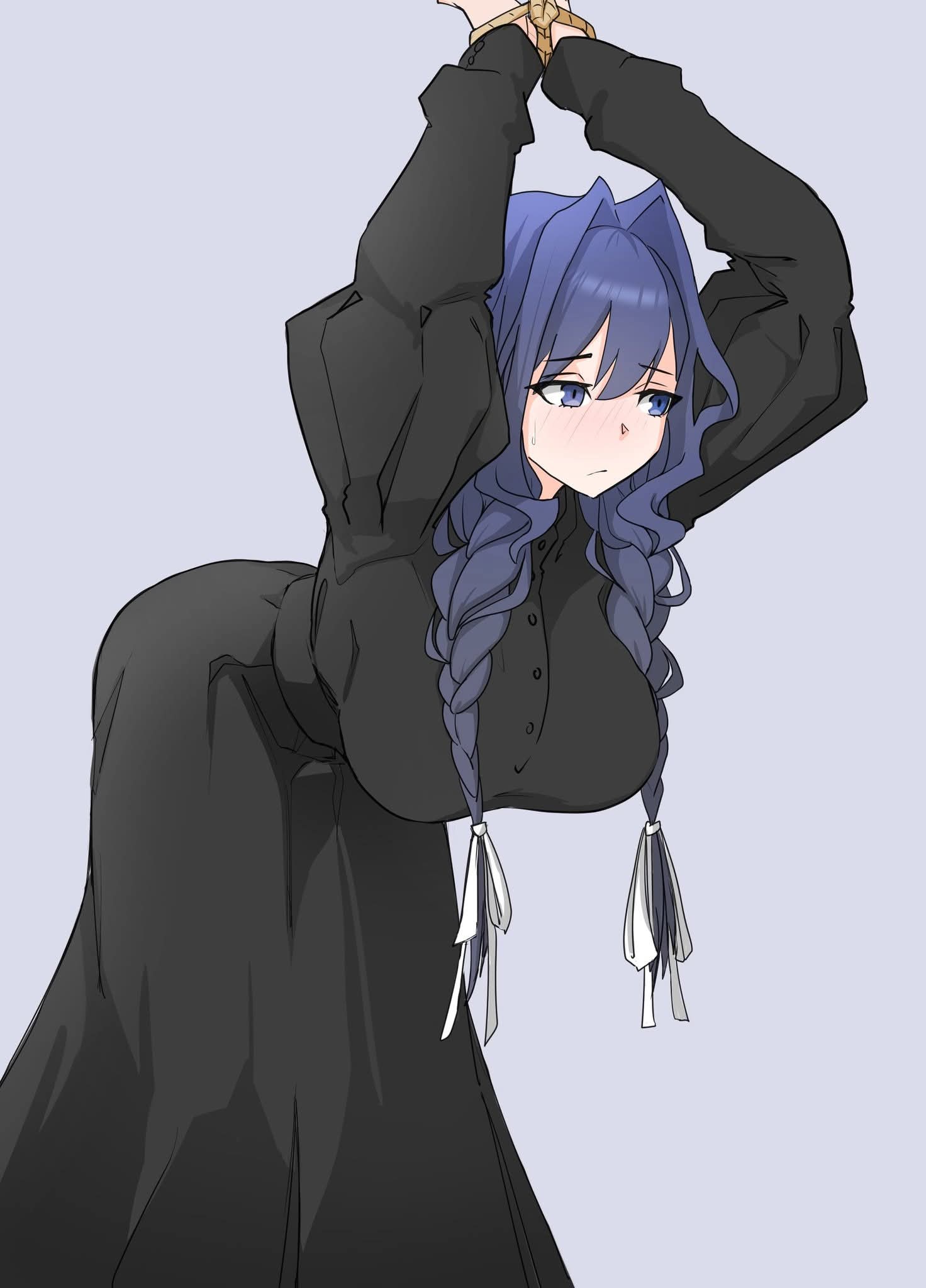 artist request, big breasts, blue eyes, blue hair, blush, blushing, bondage, bound, bound arms, bound wrists, breasts, dress, female, hololive, hololive english, hololive english -council-, hololive english -promise-, huge breasts, nervous, ouro kronii, ouro kronii (maid), sweat, sweatdrop, tied, tied arms, tied hands, tied up, virtual youtuber
