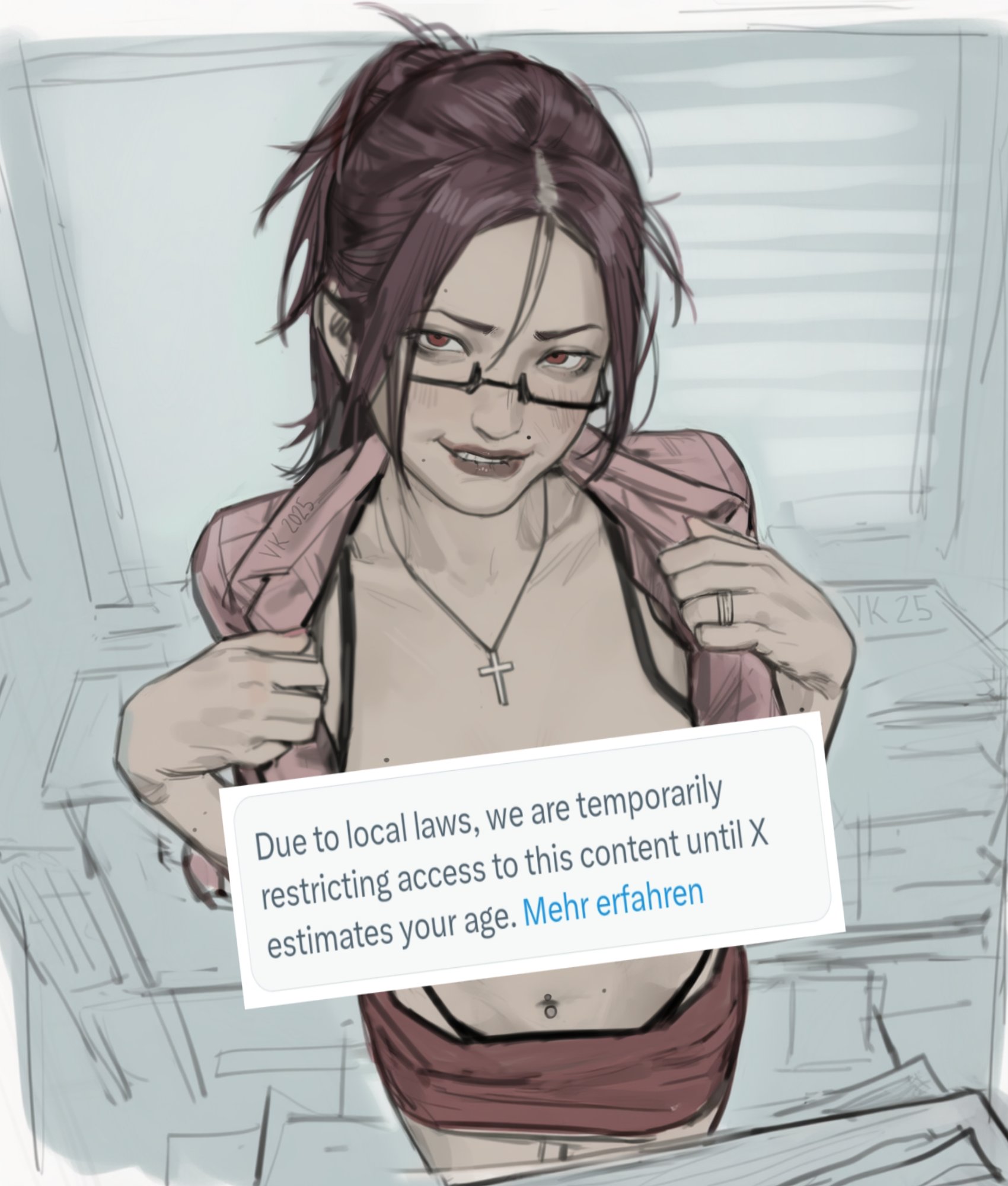 1girls, belly button piercing, biting lip, breasts, censor bar, censored, censored nipples, clothing, cross, cross necklace, eye contact, eyewear, female, female focus, female only, glasses, krautvan, looking at viewer, looking up, messy hair, miniskirt, mole, mole on breast, navel piercing, oc, office lady, office siren, open clothing, open jacket, open topwear, original character, partially clothed, ponytail, purple hair, red eyes, red hair, religious symbols, seductive, seductive look, seductive smile, tagme, thong straps, vankraut, vivienne (vankraut), white body, white skin