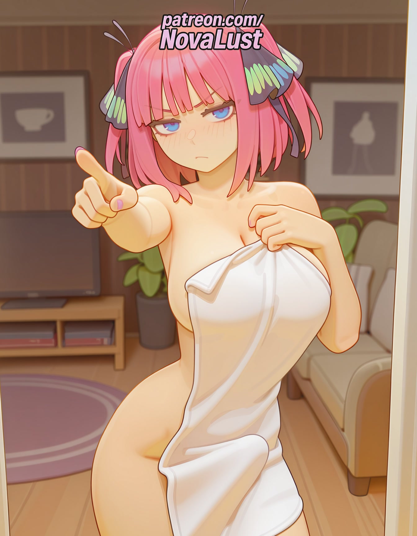 1futa, 2025, ai generated, artist name, bangs, big breasts, big chest, blue eyes, blunt bangs, blurry, blush, breasts, bust, busty, butterfly hair ornament, chest, closed mouth, futanari, go-toubun no hanayome, hair ornament, hi res, high quality, high resolution, highres, index finger raised, indoors, intersex, large breasts, nakano nino, naked towel, novalust, patreon, patreon username, pink hair, pointing, pointing at viewer, short hair, solo, stable diffusion, towel, watermark