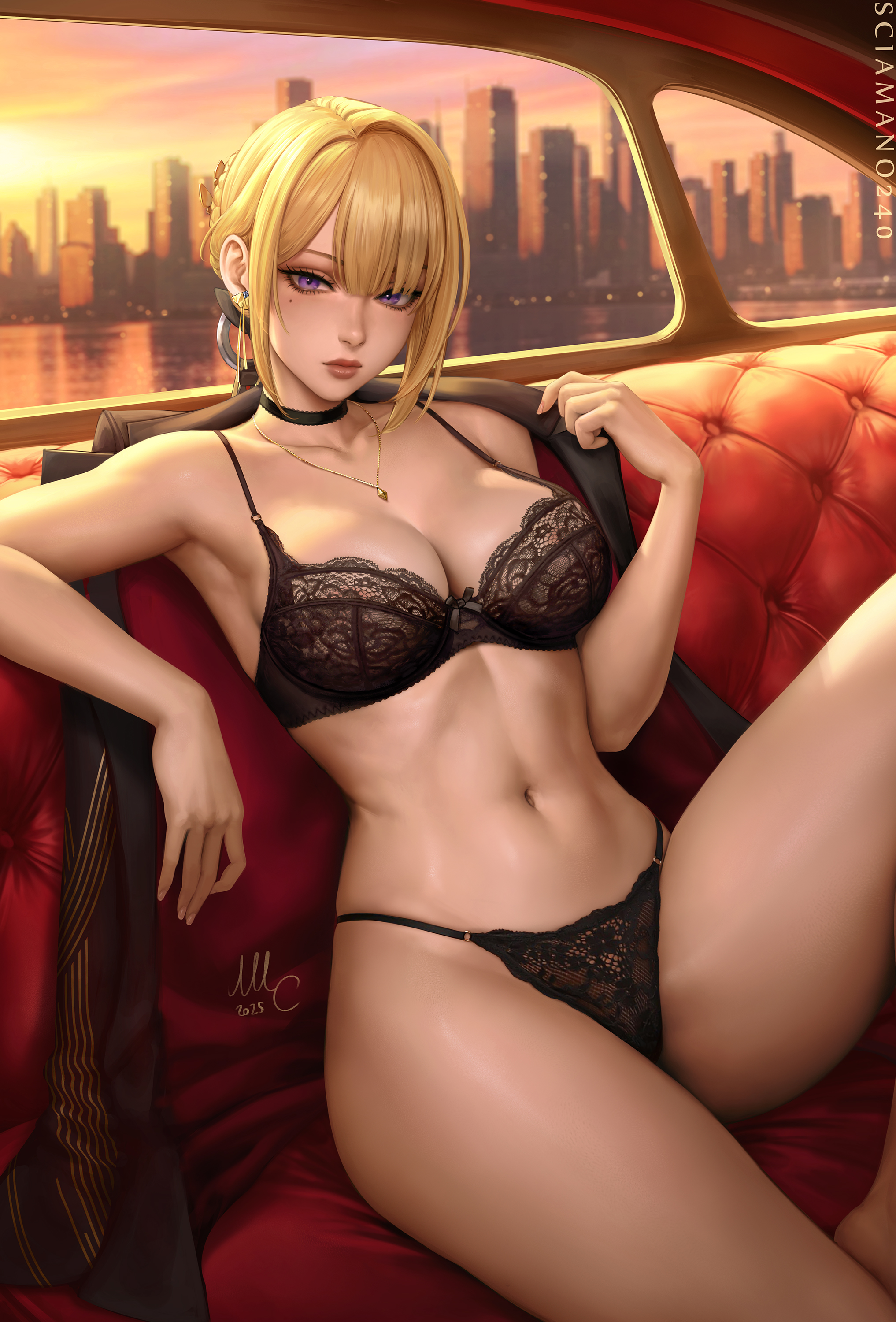 armpits, artist name, black bra, black choker, black jacket, black panties, blonde hair, bra, braid, breasts, car, car interior, cg, choker, city, cleavage, collarbone, earrings, evelyn chevalier, female, hair bun, jacket, jewelry, lace-trimmed bra, large breasts, lingerie, lips, looking at viewer, mole, mole under eye, navel, necklace, panties, purple eyes, sciamano240, short hair, signature, sitting, solo, stomach, sunset, thighs, underwear, underwear only, zenless zone zero
