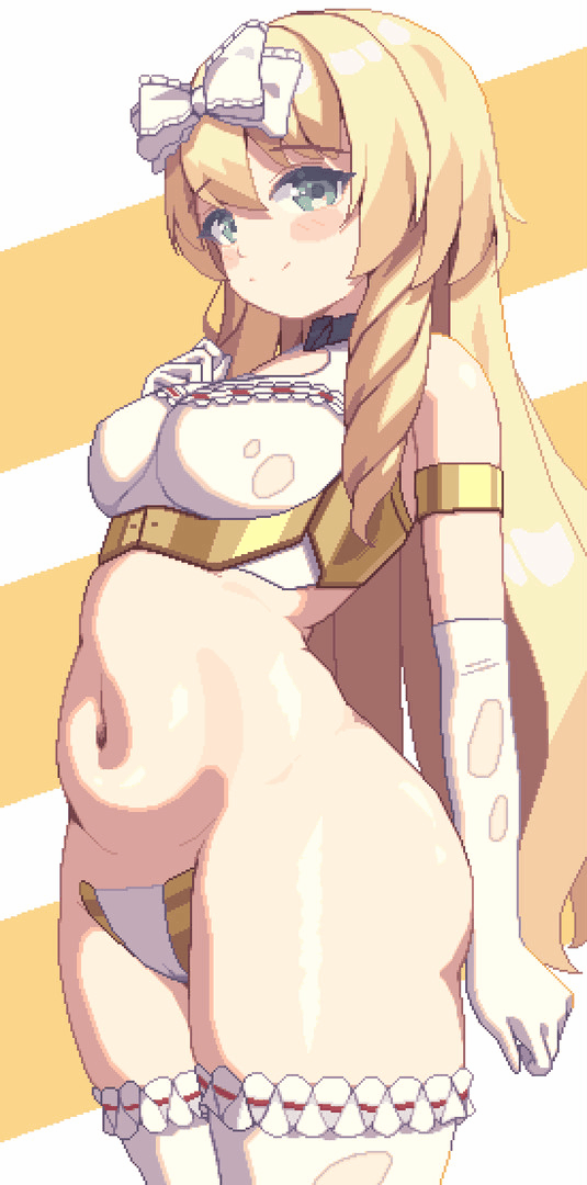 1:2, 1girls, animated, belly, belly button, big breasts, blonde hair, blue eyes, breasts, chubby, chubby female, female, looking at viewer, piaomao, pixel animation, pixel art, small breasts, solo, vertical video