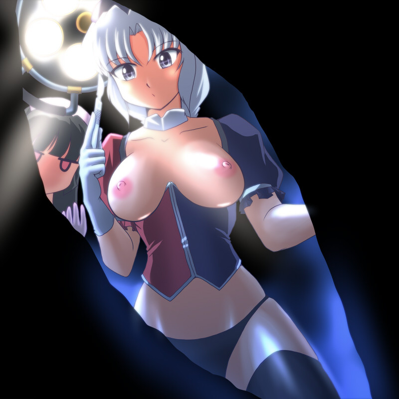 black_hair black_legwear black_panties black_thighhighs blue_eyes breastless_clothes breastless_clothing breasts breasts_apart corset eirin_yagokoro empty_eyes female female_only gloves hat kaguya_houraisan long_hair multiple_girls nipples nurse_cap panties parody red_eyes scalpel school_days silver_hair surgery thighhighs touhou underwear wancozow