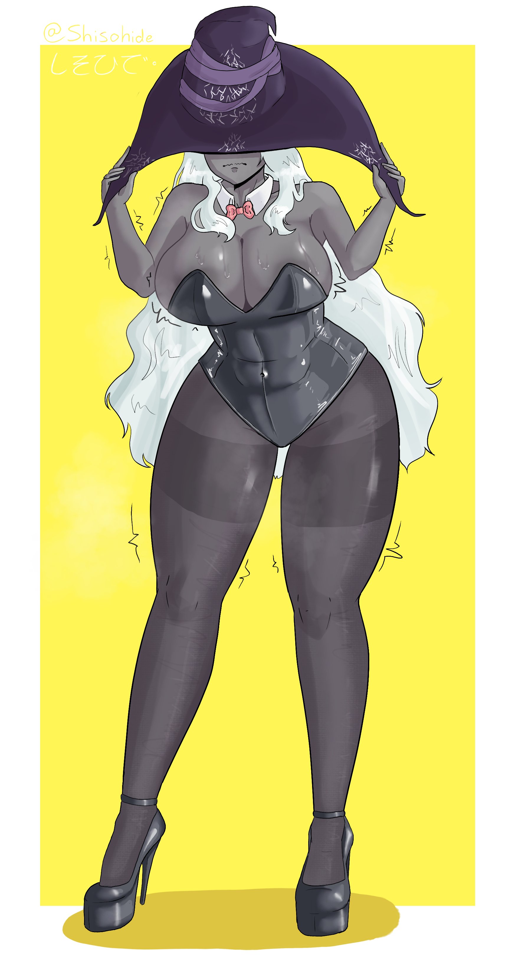 1girls, 2025, big breasts, black body, covering eyes, dark skin, dark-skinned female, detached collar, elden ring, elden ring nightreign, female, female only, fromsoftware, full body, heels, high heels, leotard, long hair, neck ribbon, pantyhose, recluse (nightreign), shisohide, solo, thick thighs, very high resolution, white hair, wide hips, witch hat