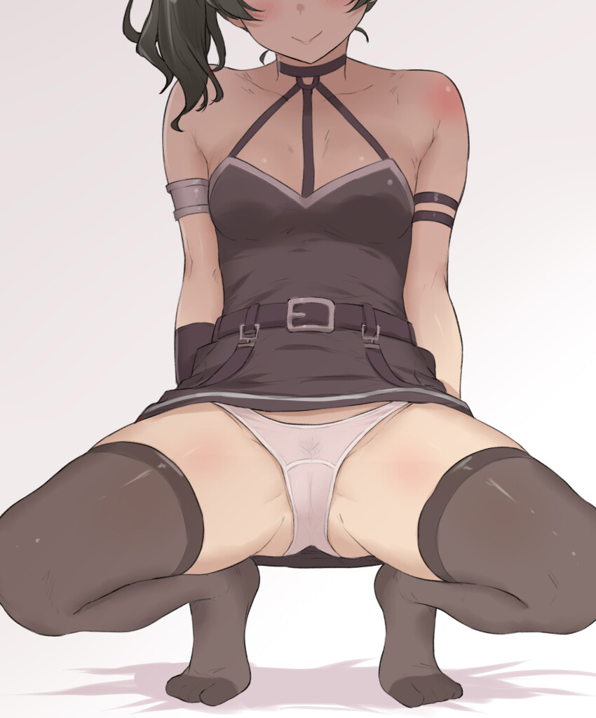 1girls, absurdres, air41, arm strap, bare shoulders, black choker, black dress, black gloves, black thighhighs, breasts, cameltoe, choker, closed mouth, clothed, clothed female, dress, elbow gloves, female, female only, female pubic hair, gloves, green hair, hashtag-only commentary, head out of frame, highres, long hair, medium breasts, panties, pubic hair, pussy, see-through clothes, see-through panties, side ponytail, simple background, single elbow glove, small breasts, smile, sole female, solo, sousou no frieren, squatting, thighhighs, ubel (sousou no frieren), underwear, white panties
