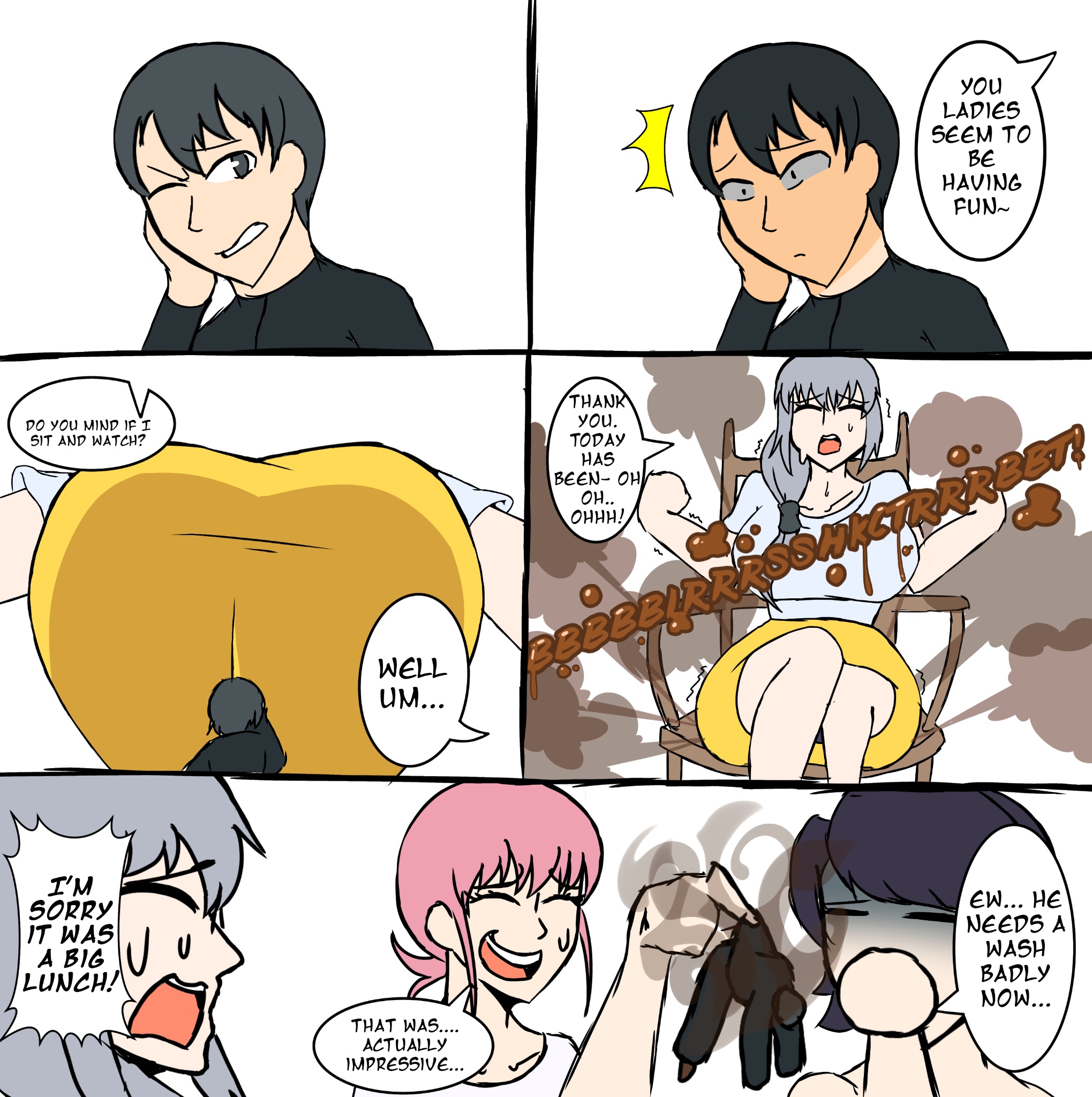 1boy, 3girls, ass crush, big ass, big breasts, blue eyes, breasts, crushed by ass, embarrassed, embarrassed female, fart, fart cloud, fart fetish, fart torture, farting, farting on another, fat ass, female, giantess, grey hair, hanazono hahari, kimi no koto ga dai dai dai dai daisuki na 100-nin no kanojo, komi shuuko, komi-san wa komyushou desu, male, micro male, mrtomato8224, pink hair, sitting on person, size difference, smelly, sweating, sweaty, unaware, uzaki tsuki, uzaki-chan wa asobitai!, wide hips