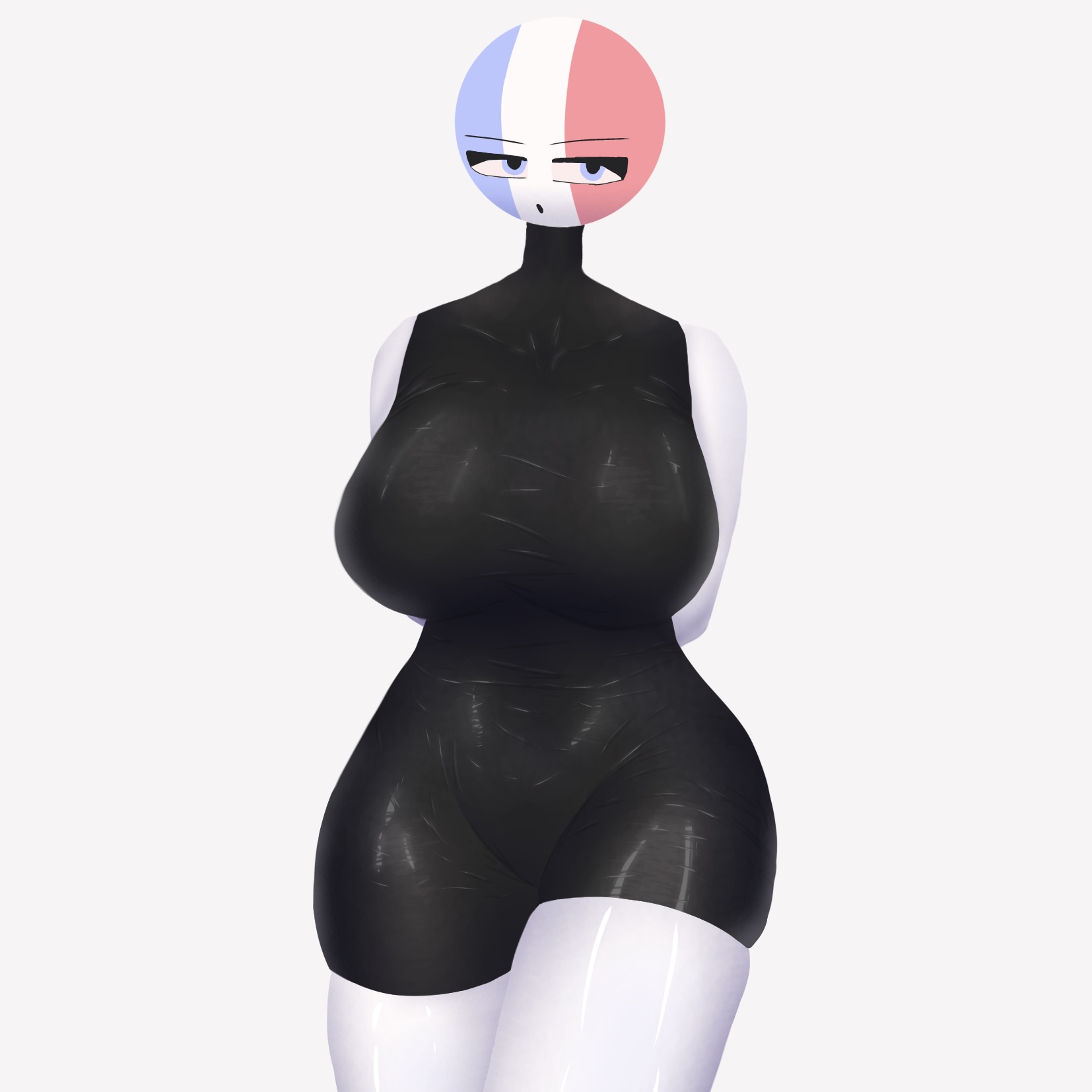 arms behind back, blue eyes, breasts, countryhumans, countryhumans girl, curvy, curvy figure, deffikkk, female, france (countryhumans), latex clothing, looking at viewer, oiled, oiled skin, pale skin, white body