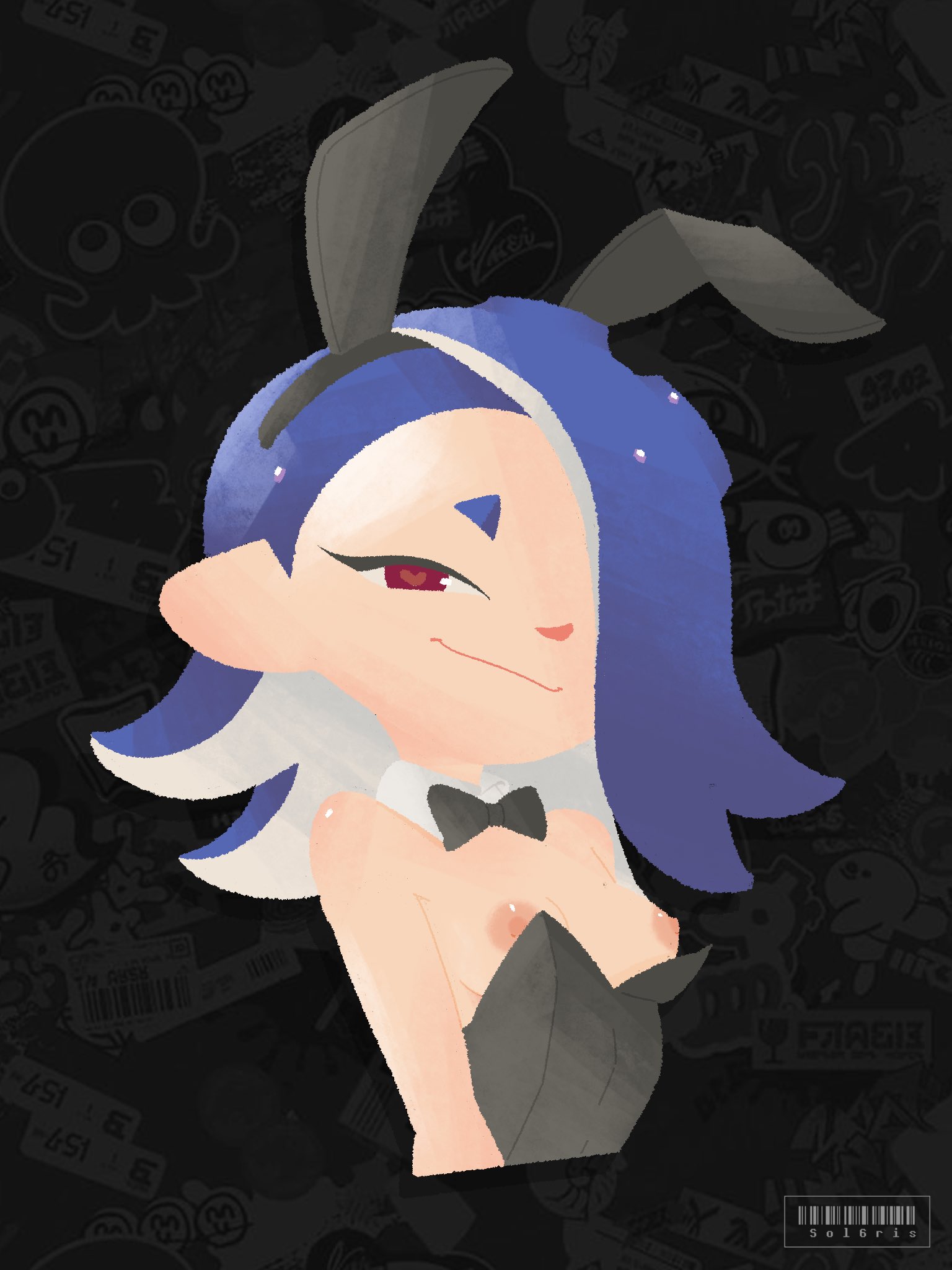 1girls, accurate art style, breasts, bunny ears, bunnysuit, female, flashing, flat chested, m6dokaslvt, nipples, shiver (splatoon), shiver hohojiro, sol6ris, splatoon, splatoon (series), splatoon 3, twitter link, twitter username