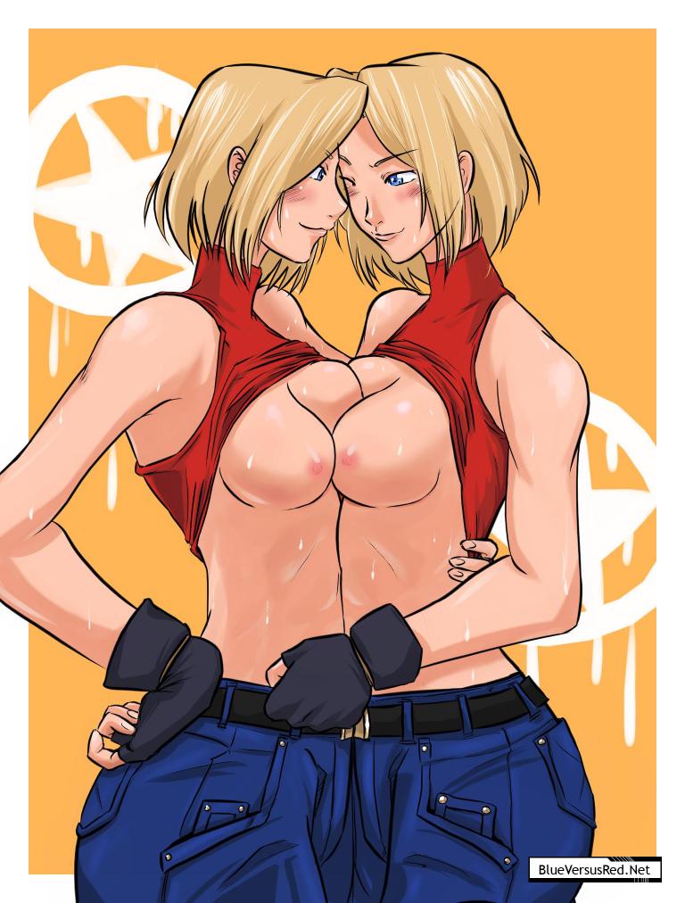 2girls asymmetrical_docking bare_shoulders blonde_hair blue_eyes blue_mary blueversusred breast_press breasts dual_persona fatal_fury fingerless_gloves forehead-to-forehead gloves halter_top halterneck hug king_of_fighters midriff multiple_girls nipples no_bra selfcest short_hair snk sweat symmetrical_docking top_lift watermark web_address wink