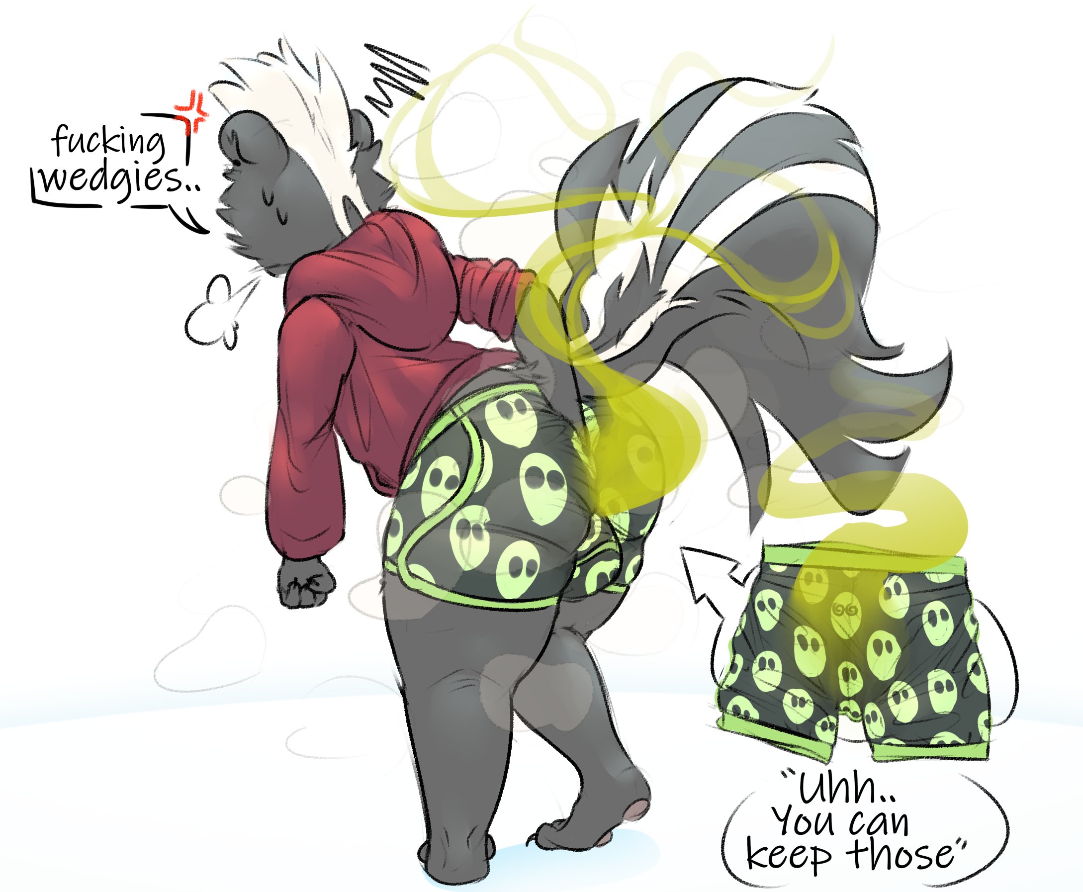 1boy, 2d, 2d artwork, anger vein, angry, ass, back to viewer, big ass, big butt, black fur, bulge, bulge through clothing, clothes, dazed from stink, digging up in they ass, fart, fart cloud, fart fetish, fart stain, fully clothed, furry, furry only, hoodie, iamapoliceman, looking away, male, musk, musky, musky butt, no pants, no sex, nonhuman, oc, pattern clothing, pattern underwear, skunk, skunk tail, solo, solo male, speech bubble, stink, stink lines, stinky, swirly eyes, tail, text, thighs, underwear, wedgie