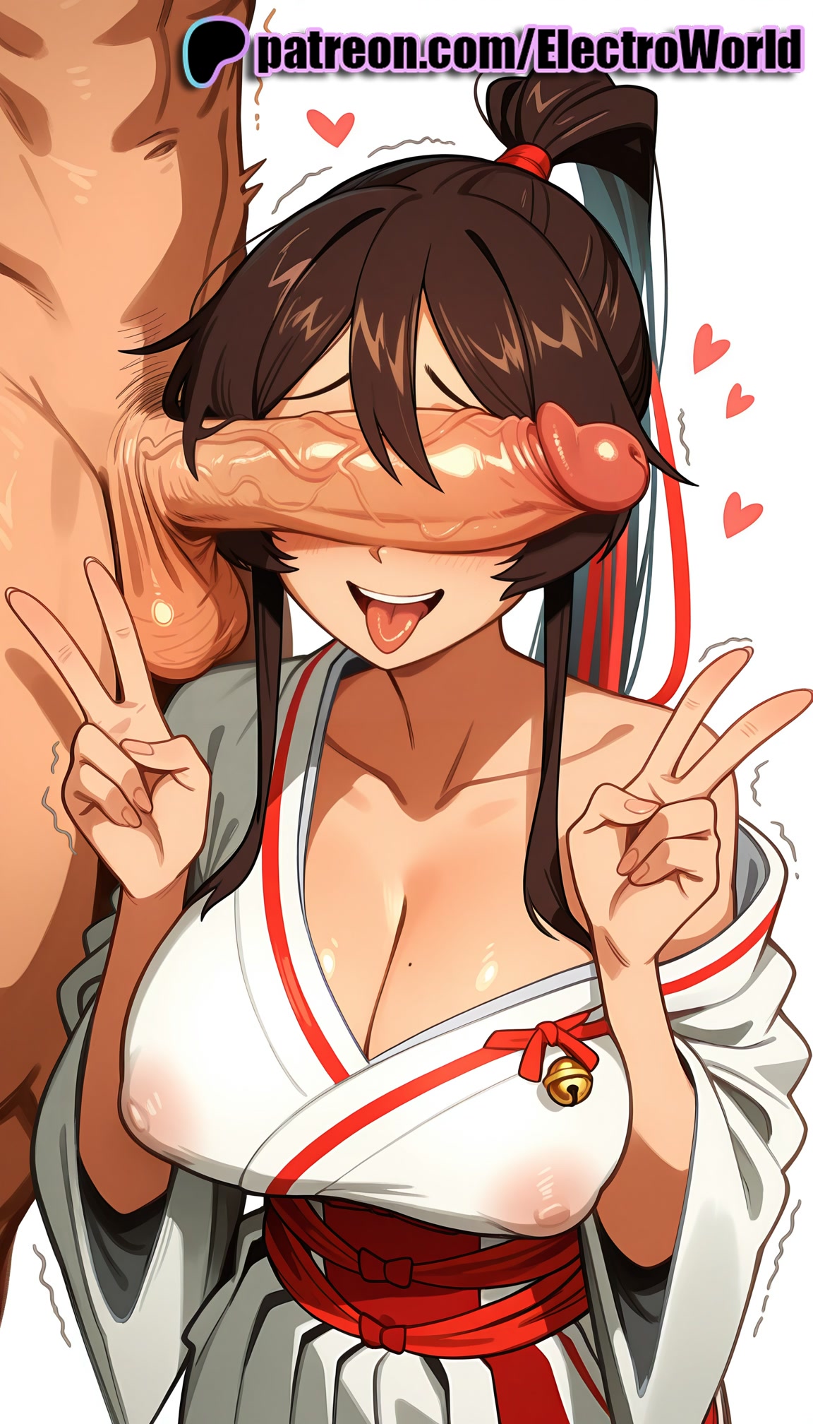 1boy, 1girls, 2025, ai generated, artist name, balls, big breasts, big chest, breasts, brown hair, bust, busty, chest, cleavage, cock, collarbone, covered nipples, dick, double v, double w, electroworld, erection, female, heart, hi res, high quality, high resolution, highres, huge cock, japanese clothes, jigokuraku, large breasts, long hair, male, miko, patreon, patreon username, penis, penis on face, stable diffusion, straight, testicles, tongue, tongue out, trembling, twitching penis, uncensored, v, v over eye, veins, w, watermark, yamada asaemon sagiri