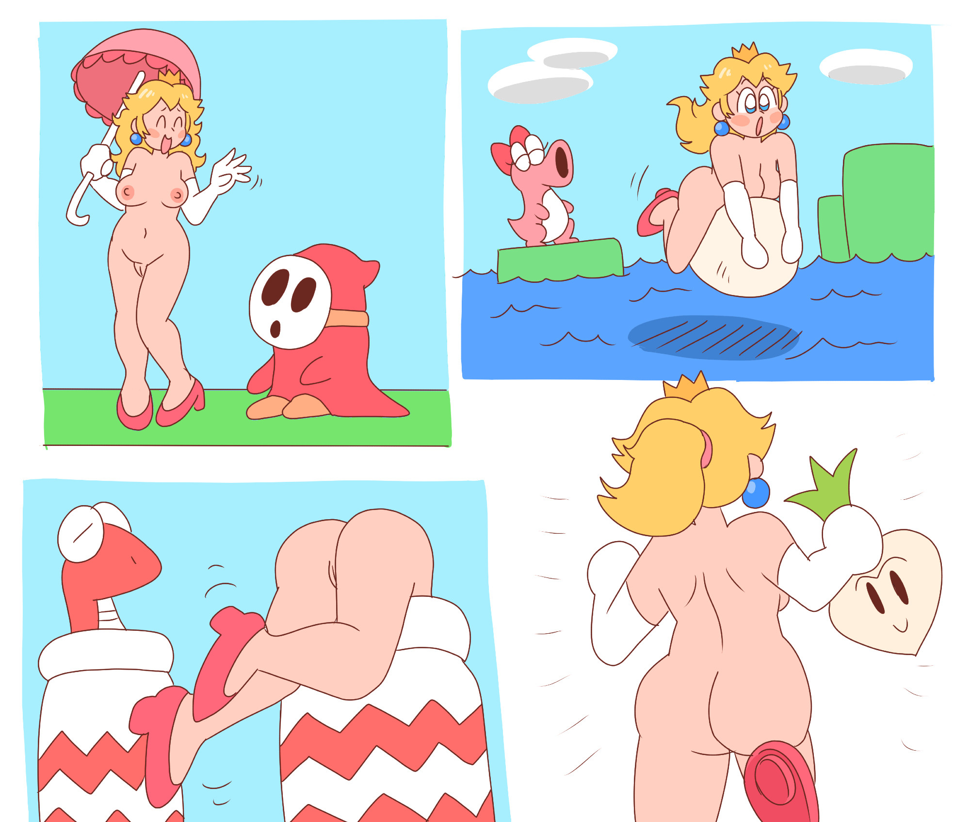 2girls, ass, birdo, breasts, compysteps, female, mario (series), nintendo, nude, princess peach, pussy, tagme