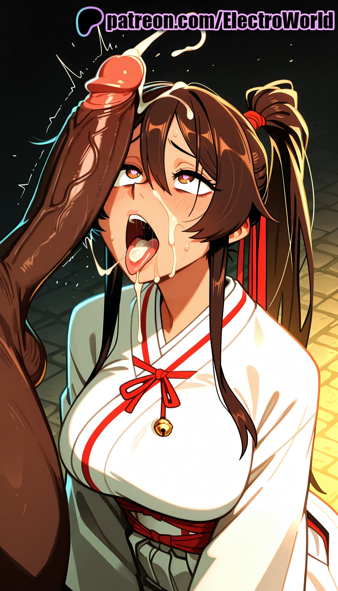 1boy, 1girls, 2025, after fellatio, ai generated, artist name, balls, blush, breasts, brown eyes, brown hair, bust, chest, clothed female nude male, cock, cum, cum in mouth, cum on body, cum on clothes, cum on hair, cum on tongue, dark penis, dark skin, dark-skinned male, dick, ejaculation, electroworld, erection, facial, female, hi res, high quality, high resolution, highres, interracial, japanese clothes, jigokuraku, large penis, male, nude, open mouth, patreon, patreon username, penis, penis awe, penis on face, ponytail, solo focus, stable diffusion, straight, testicles, tongue, tongue out, trembling, uncensored, veins, veiny penis, watermark, yamada asaemon sagiri
