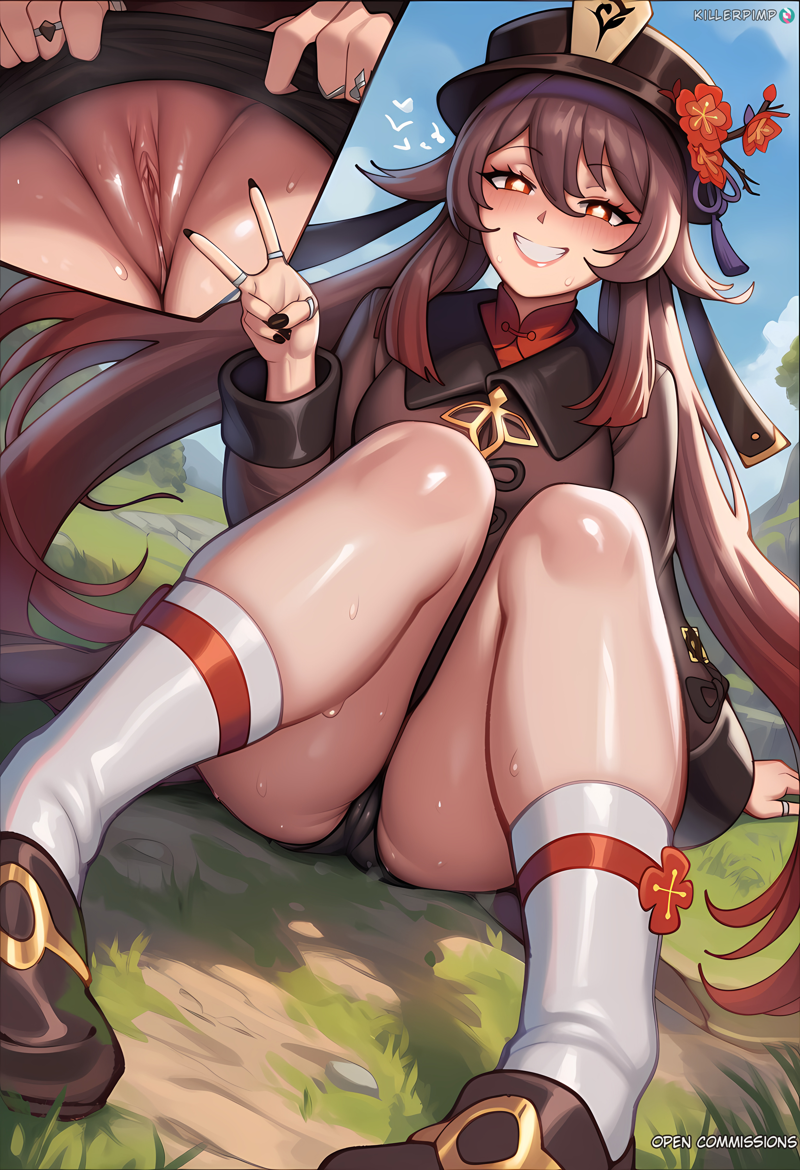 1girls, ai generated, black headwear, black nails, black shorts, blush, brown hair, chinese clothes, clitoris, clothes lift, coattails, female, flower, flower-shaped pupils, genshin impact, grin, hair between eyes, hat, hat flower, hu tao (genshin impact), jewelry, long hair, long sleeves, looking at viewer, multiple rings, nail polish, outdoors, panties, patreon username, plum blossoms, porkpie hat, pussy, red eyes, ring, shirt, shoes, short shorts, shorts, sitting, sky, smile, socks, sweat, symbol-shaped pupils, teeth, thighs, twintails, uncensored, underwear, v, very long hair, white socks