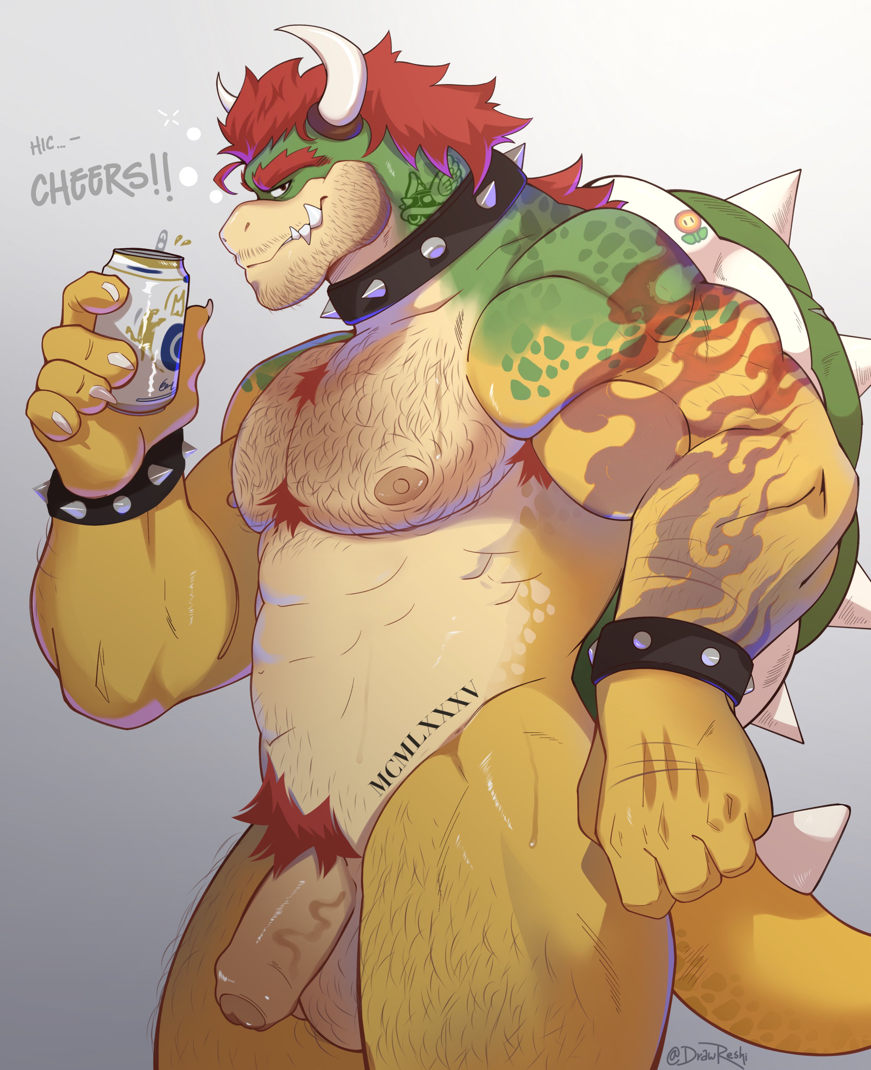 1boy, abs, alcohol, alcoholic drink, anthro, armpit hair, balls, bara, beard stubble, beer, beverage, beverage can, biceps, big biceps, big muscles, big pecs, body hair, bowser, bowser day, bracelet, can, chest hair, claws, collar, container, daddy, dilf, drawreshi, english text, facial hair, fangs, fangs out, fire flower, flaccid, flaccid penis, foreskin, genitals, green skin, grey background, hair, hairy, hairy armpits, hairy arms, hairy balls, hairy chest, hairy male, hairy thighs, happy trail, hi res, holding can, holding object, horn, humanoid genitalia, humanoid penis, jewelry, looking at viewer, male, male only, manly, mario (series), masculine male, muscles, muscular, muscular anthro, muscular male, muscular shoulders, muscular thighs, naked, navel, nintendo, nipples, nude, obliques, pecs, pectorals, penis, pubic hair, red hair, red pubic hair, scalie, serratus, shell, side view, simple background, solo, solo anthro, solo focus, solo male, spiked bracelet, spiked collar, spiked shell, spiked tail, spikes, spikes (anatomy), standing, tail, tattoo, tattooed arm, tattooed neck, testicles, thick eyebrows, thick penis, thick thighs, uncircumcised, uncut, yaoi, yellow body, yellow skin, yellow tail
