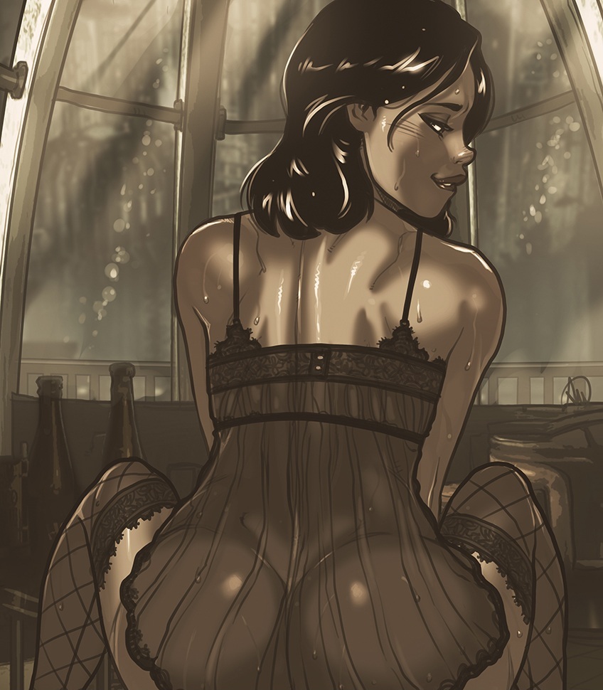 back view, bioshock, bioshock infinite, biting lip, burial at sea, cropped, elizabeth comstock, elizabeth comstock (burial at sea), female, ganassa, lingerie, looking back, sheer clothing, sitting, solo