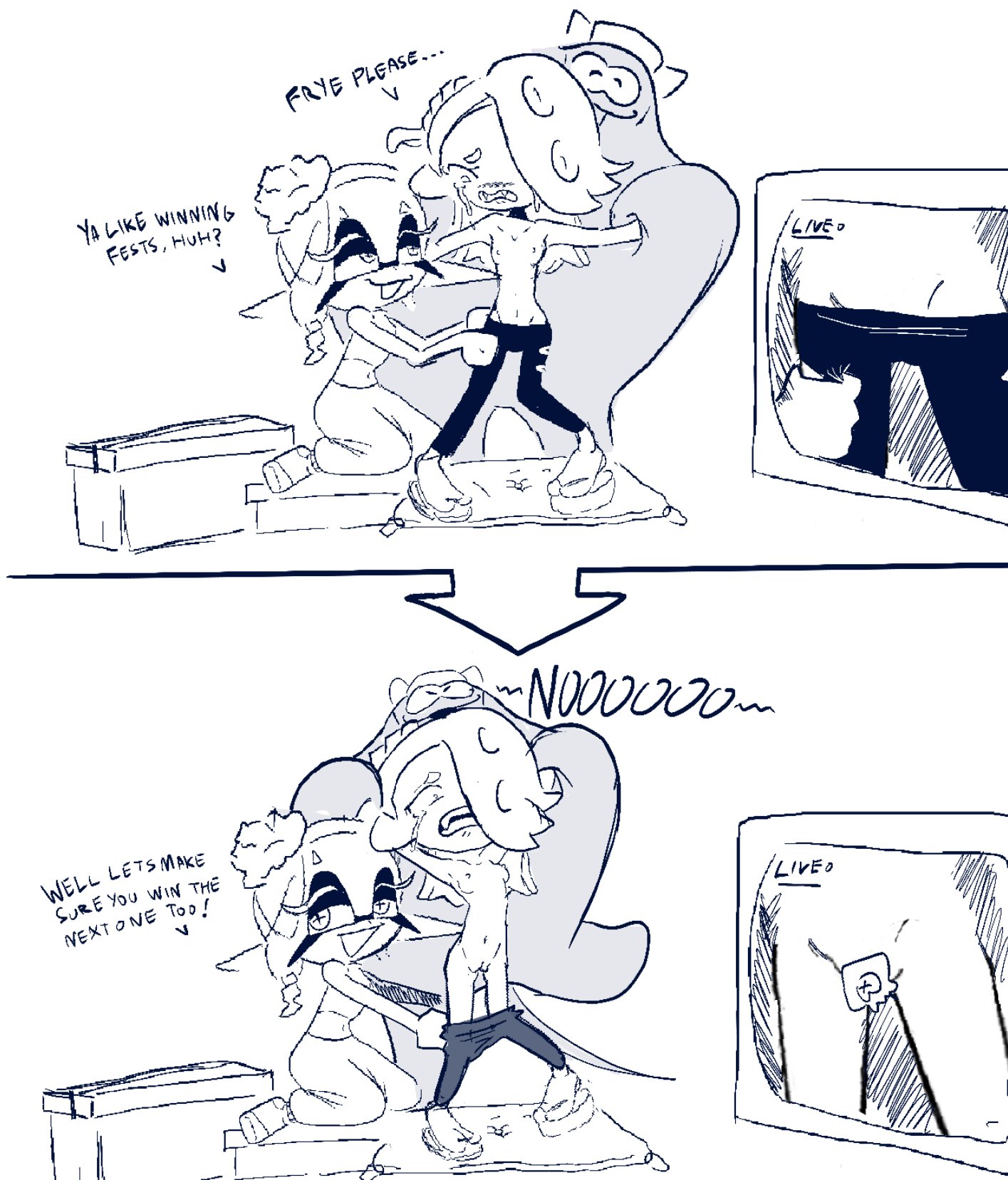 1boy, 2boys, big man (splatoon), censored pussy, crying, crying with eyes open, deep cut (splatoon), dubious consent, embarrassed nude female, english dialogue, english text, female, frye (splatoon), harassment, inkling, inkling girl, male, nintendo, non consensual, non-consensual, octoling, octoling girl, pants down, paradia-ex, pulling down pants, pussy, questionable consent, sexual harassment, shiver (splatoon), splatoon, splatoon (series), splatoon 3, tagme, tears, tentacle hair, undressing