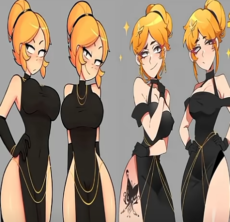 4girls, black dress, blush, brawl stars, breasts, curvy, curvy body, curvy female, curvy figure, dress, female, giant breasts, hair bun, hair ornament, light skin, light-skinned female, mariposa piper (brawl stars), modakawa dress, necklace, no source, orange hair, piper (brawl stars), revealing dress, smirk, tattoo, thick thighs