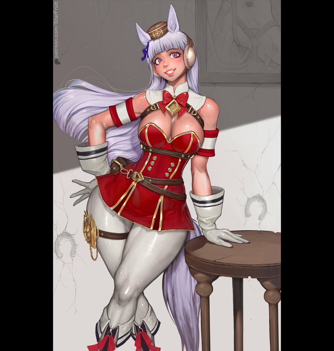 1girls, animal ears, breasts, crossed legs, female, gold ship (umamusume), horse girl, indoors, large breasts, legs crossed, long hair, looking at viewer, pink eyes, randystarfru1t, red eyes, smile, socks, solo, solo female, standing, thick thighs, umamusume, umamusume pretty derby, white hair