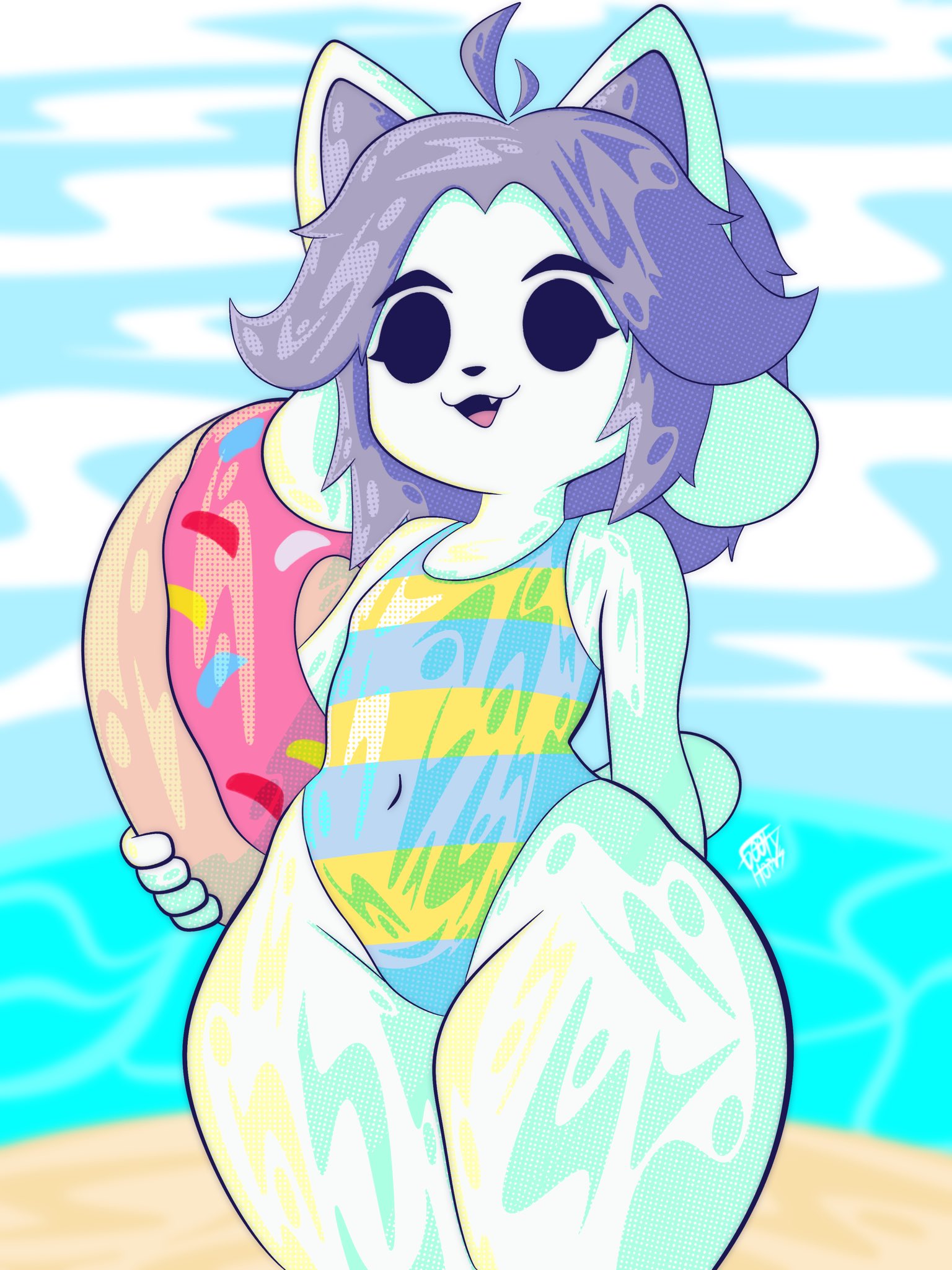 ass, big ass, female, flat chest, goofy horns, grey hair, solo, striped clothing, swimsuit, temmie (deltarune), temmie (undertale), undertale, undertale (series), white fur, wide hips