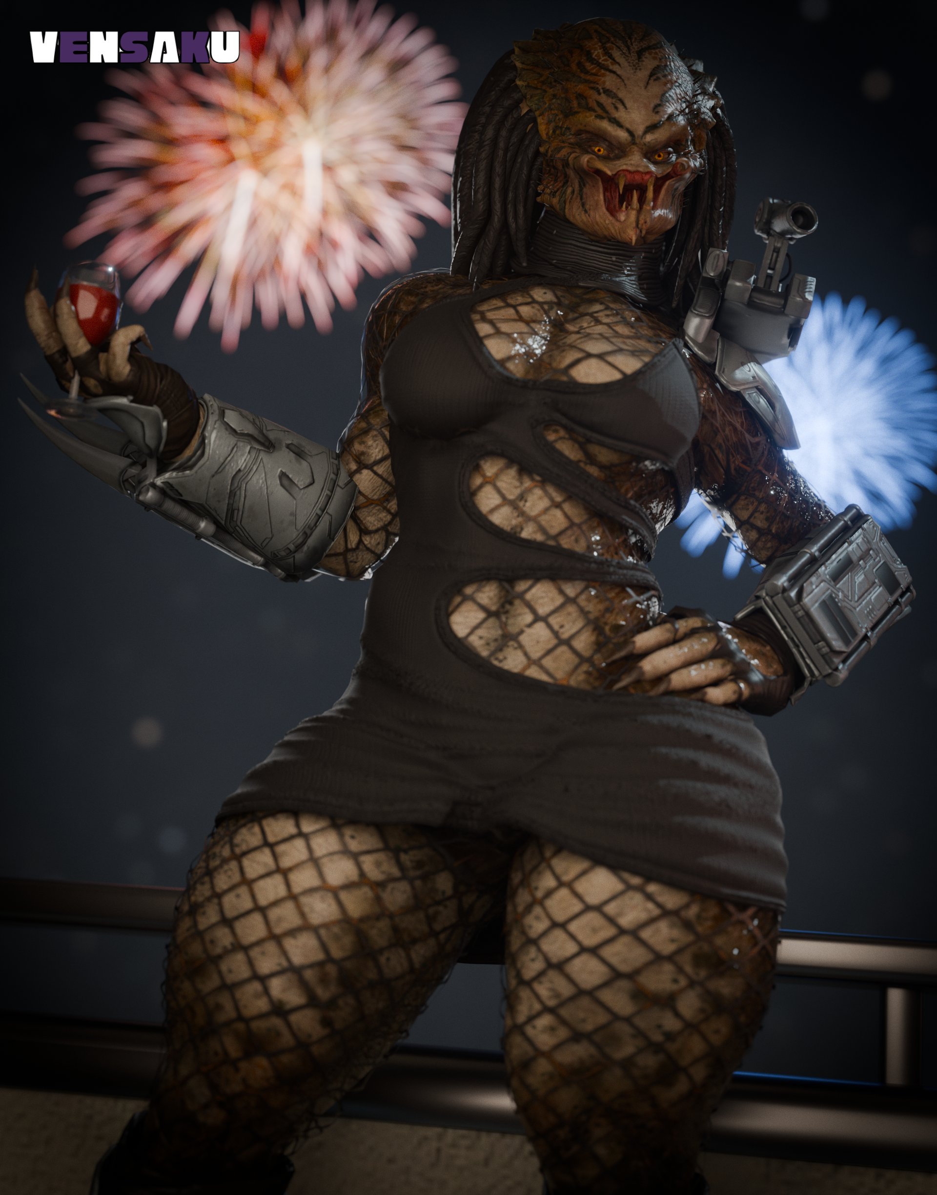 1girls, 3d, alien, alien girl, athletic, athletic female, female yautja, fireworks, looking at viewer, muscular female, new year, predator (franchise), thick thighs, vensaku, wine, wine glass, yautja