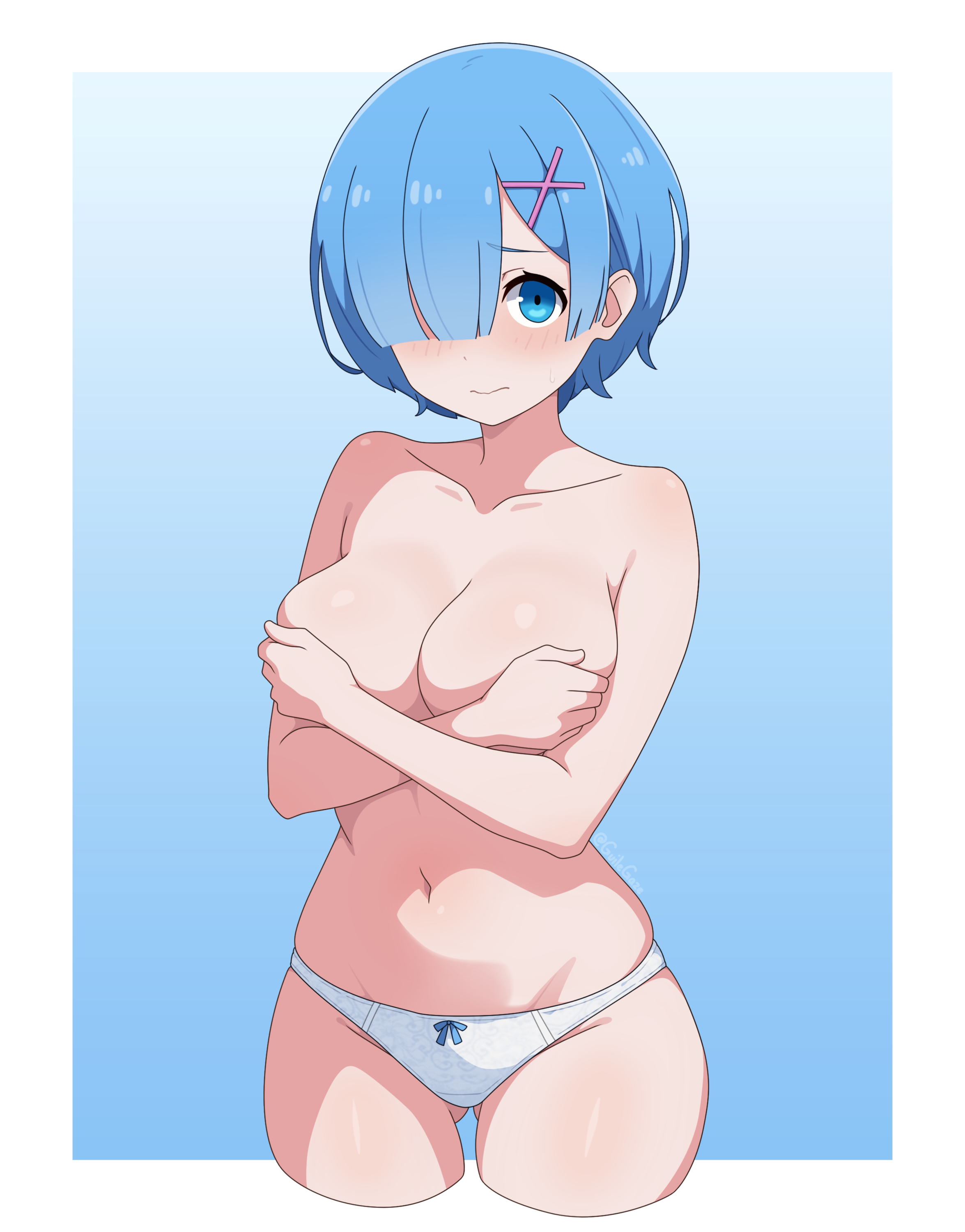 absurdres, ai assisted, blue hair, border, bow, bow panties, breasts, closed mouth, covering breasts, covering privates, embarrassed, female, female only, gluteal fold, guilegaze, hair ornament, hair over one eye, highres, large breasts, looking at viewer, panties, short hair, solo, topless female, underwear, white border, white panties, x hair ornament