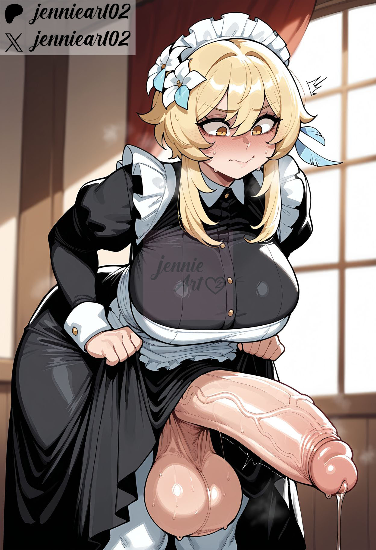 1futa, ai generated, alternate breast size, alternate costume, apron, balls, black dress, blonde hair, blush, breasts, buttons, closed mouth, clothes lift, clothing, dress, dress lift, english text, enmaided, erection, feather hair ornament, feathers, flower, futa only, futanari, genshin impact, hair between eyes, hair flower, hair ornament, headdress, huge balls, huge cock, huge testicles, indoors, intersex, intersex only, jennieart02, juliet sleeves, large balls, large breasts, large penis, large testicles, lifted by self, light-skinned futa, long sleeves, lumine (genshin impact), maid, maid apron, maid headdress, patreon, patreon logo, patreon username, penis, precum, precum drip, short hair with long locks, solo, standing, sweat, testicles, twitter, twitter username, veins, veiny penis, watermark, white apron, white flower, window, yellow eyes