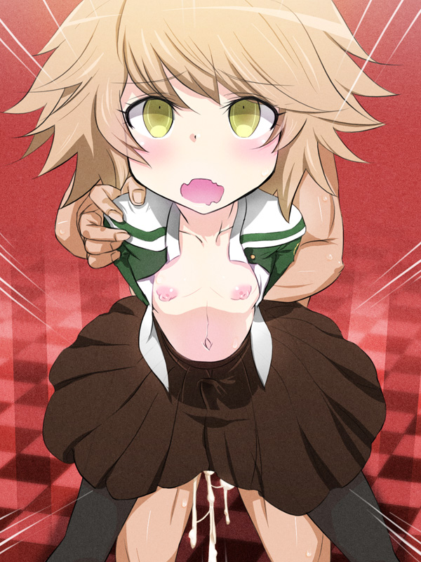 2boys anal androgynous black_legwear brown_hair bulge crossdressing cum cum_in_ass danganronpa doggy_style emphasis_lines from_behind fucked_silly fujisaki_chihiro gay girly green_eyes male navel open_clothes open_mouth open_shirt puffy_nipples rbx_lamen sex short_hair skirt smooth_skin thigh_highs wavy_mouth yaoi