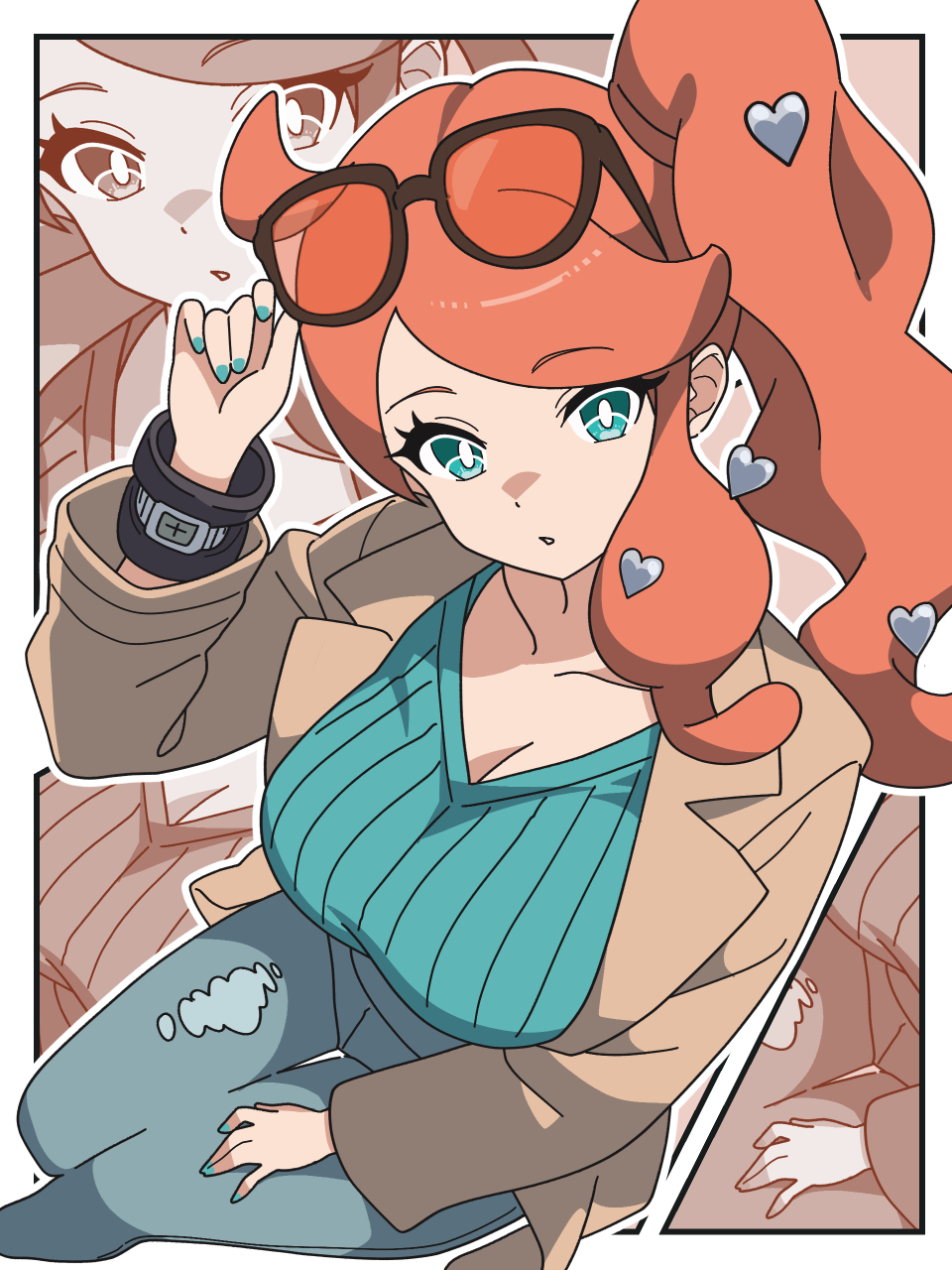 aqua eyes, aqua nails, aqua shirt, aqua sweater, big breasts, black-framed eyewear, breasts, brown coat, brown jacket, cleavage, coat, collarbone, commentary, eyewear on head, female, game freak, green eyes, green nails, hair ornament, heart, heart hair ornament, highres, jacket, kanbei (pixiv11037490), large breasts, long hair, looking at viewer, nintendo, open clothes, open jacket, orange hair, orange-tinted eyewear, pants, parted lips, pokemon, pokemon ss, pokemon swsh, ribbed shirt, shirt, side ponytail, sidelock, solo, sonia (pokemon), sunglasses, sweater, swept bangs, tinted eyewear, top down view, untranslatable commentary, v-neck, wavy hair, zoom layer