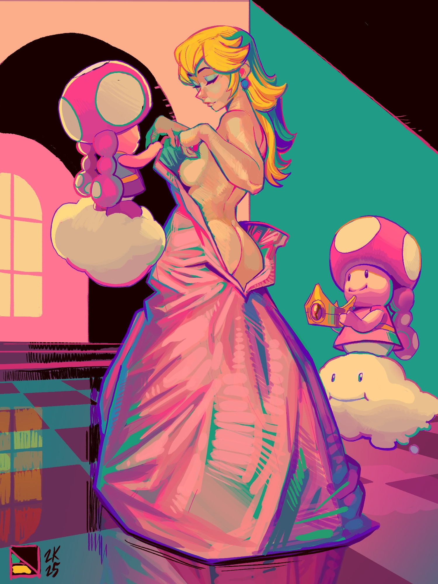 3girls, ass, breasts, female, getting dressed, mario (series), ndasfw, nude, princess peach, tagme, toadette