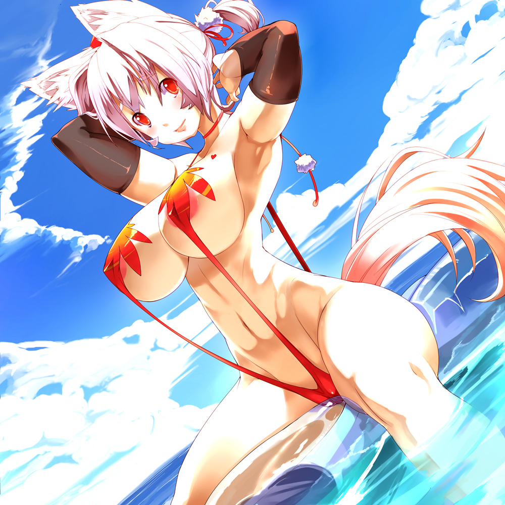 animal_ears areola_slip areolae armpits arms_up bikini blush breasts cameltoe color erect_nipples female hair_ribbon huge_breasts karochii_(mochiya) large_breasts momiji_inubashiri navel ponytail red_eyes revision ribbon short_hair silver_hair sitting sling_bikini smile solo string_bikini swimsuit tail tied_hair touhou water wet wolf_ears wolf_tail