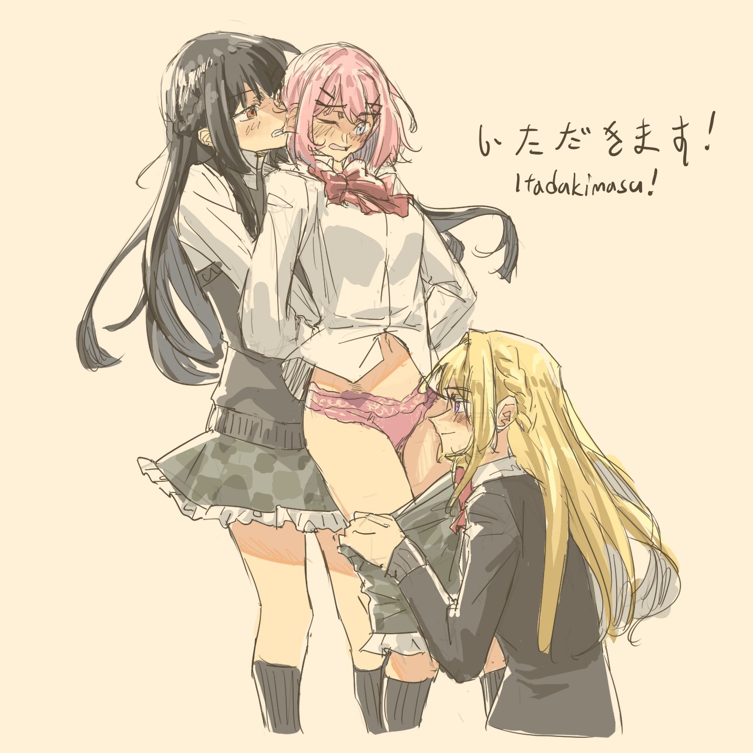 3girls, amaori renako, anggur, azjames34, bangs, belly, belly button, black hair, blonde hair, blush, blushing female, breasts, clothed, ear bite, exposed midriff, exposed panties, exposed thighs, female, female focus, female only, femdom, femsub, fff threesome, frilled panties, horny female, imminent oral, imminent sex, itadakimasu, japanese text, koto satsuki, lesbian, long hair, medium breasts, multiple females, multiple girls, ouzuka mai, panties, pink hair, pink panties, polyamory, questionable consent, restrained, school uniform, schoolgirl, skirt down, skirt pull, skirt removed, threesome, undressing another, watashi ga koibito ni nareru wake naijan murimuri, yuri