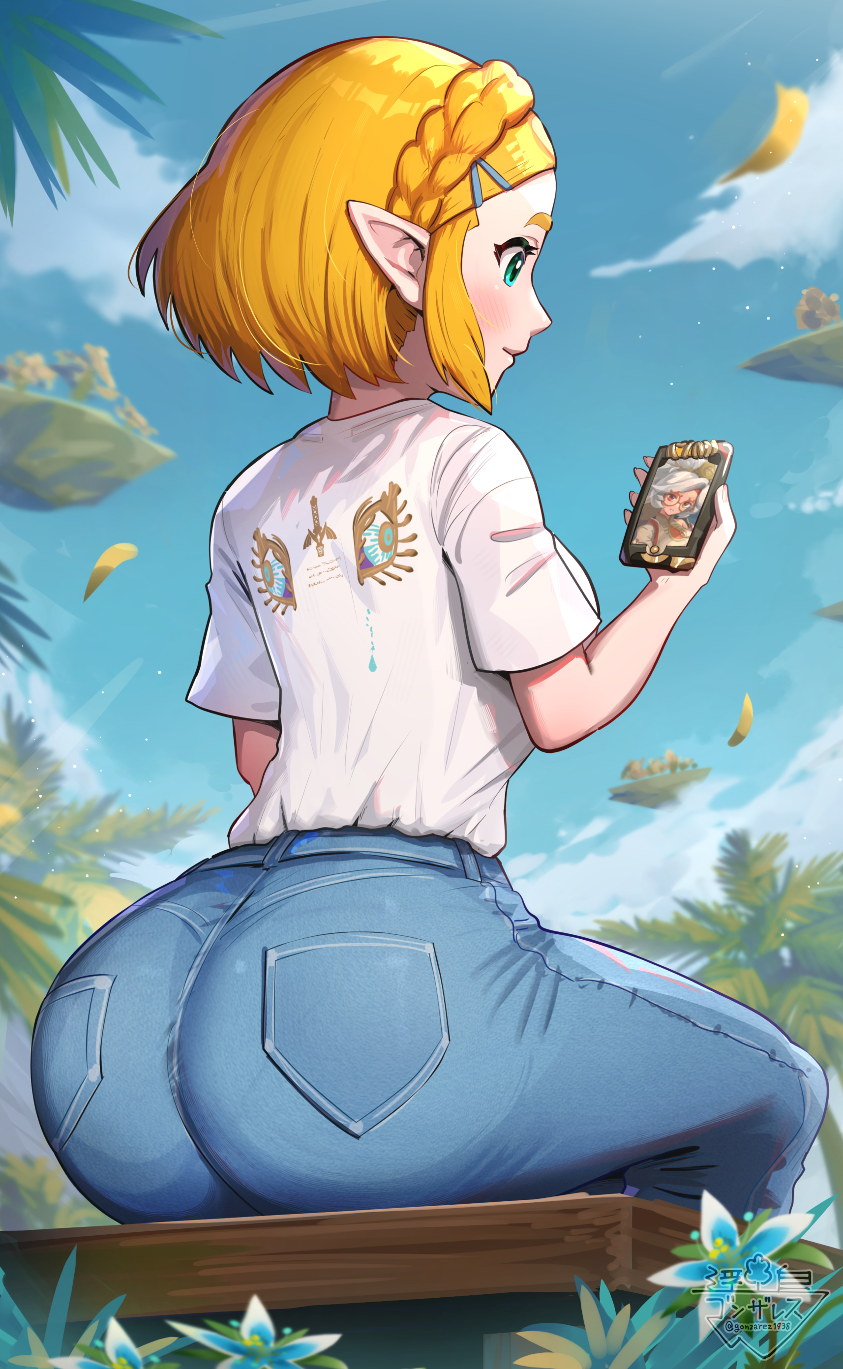 1girls, alternate costume, artist logo, artist name, ass, ass focus, bench, blonde hair, cellphone, facetime, female, flower, gonzarez, green eyes, huge ass, jeans, pointy ears, princess zelda, purah, short hair, sitting, sky, t-shirt, tears of the kingdom, the legend of zelda, zelda (tears of the kingdom)
