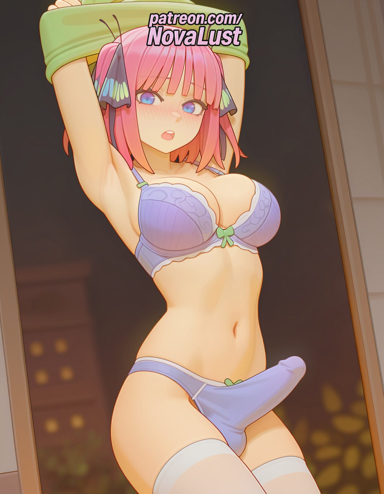 1boy, 1futa, 2025, ai generated, artist name, balls, bangs, blunt bangs, blush, bra, cock, dick, erection, foreskin, futanari, go-toubun no hanayome, hi res, high quality, high resolution, highres, intersex, male, male focus, mirror, nakano nino, navel, novalust, open mouth, otoko no ko, panties, patreon, patreon username, penis, pink hair, ribbon, solo, stable diffusion, testicles, thighhighs, uncircumcised, underwear, watermark, white legwear