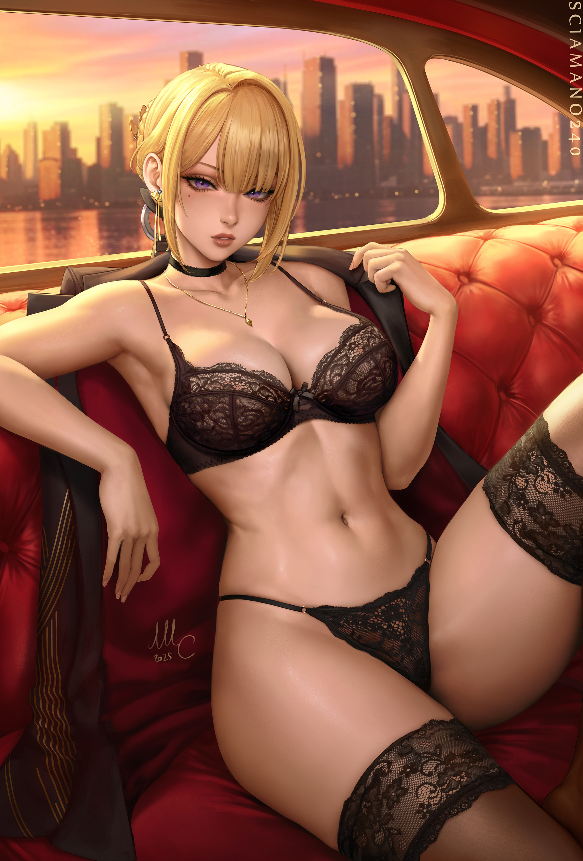 armpits, artist name, black bra, black choker, black jacket, black panties, black thighhighs, blonde hair, bra, braid, breasts, car, car interior, cg, choker, city, cityscape, cleavage, collarbone, earrings, evelyn chevalier, female, female torso, hair bun, jacket, jewelry, lace, lace trim, lace-trimmed bra, large breasts, lingerie, looking at viewer, mole, mole under eye, navel, necklace, panties, parted lips, purple eyes, sciamano240, short hair, signature, sitting, solo, stomach, thighhighs, thighs, underwear, underwear only, zenless zone zero