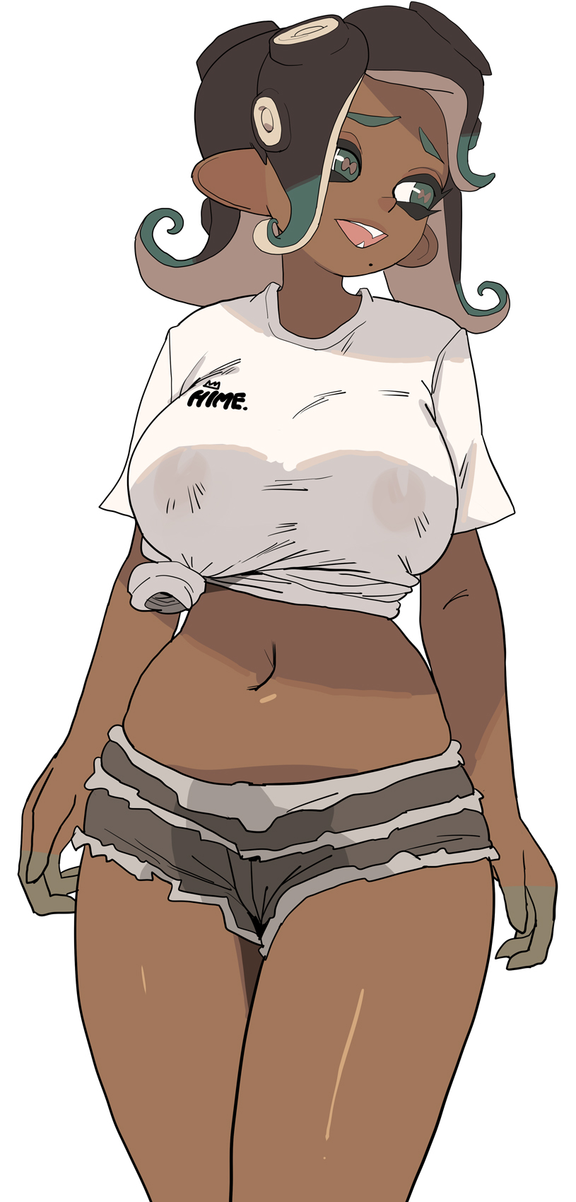 1girls, big breasts, breasts, dark skin, dark-skinned female, domino mask, female, female focus, hi res, huge breasts, large breasts, marina (splatoon), medium breasts, nintendo, octoling, splatoon, splatoon (series), splatoon 2, tentacle hair, white background, yuta agc