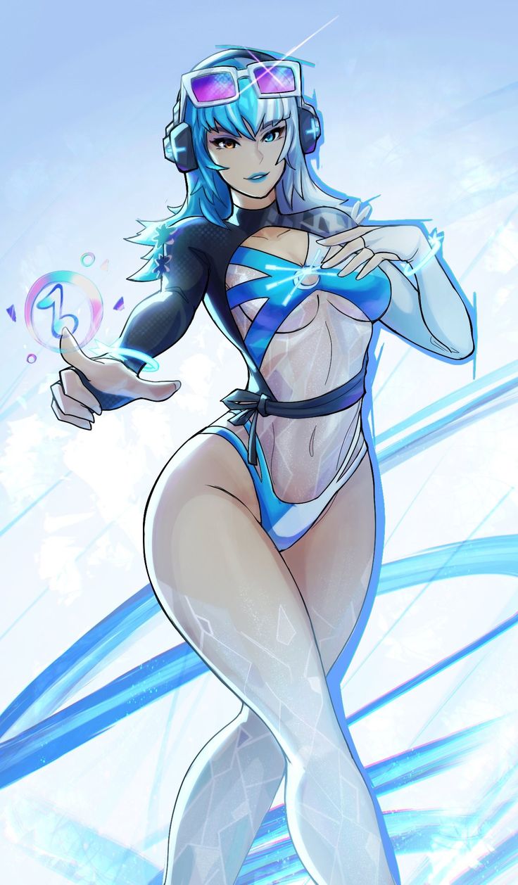1girls, 2d, 2d (artwork), asian, asian female, blue hair, blue lips, blue lipstick, cleavage, cyan lipstick, female, female only, heterochromia, hips, ice, korean, korean female, light skin, light-skinned female, long hair, luna snow, luna snow (cool summer), luna snow (marvel rivals), marvel, marvel comics, marvel rivals, one-piece swimsuit, seol hee, stickiezblue, sunglasses, swimsuit, thick hips, two-tone hair, white hair, wide hips