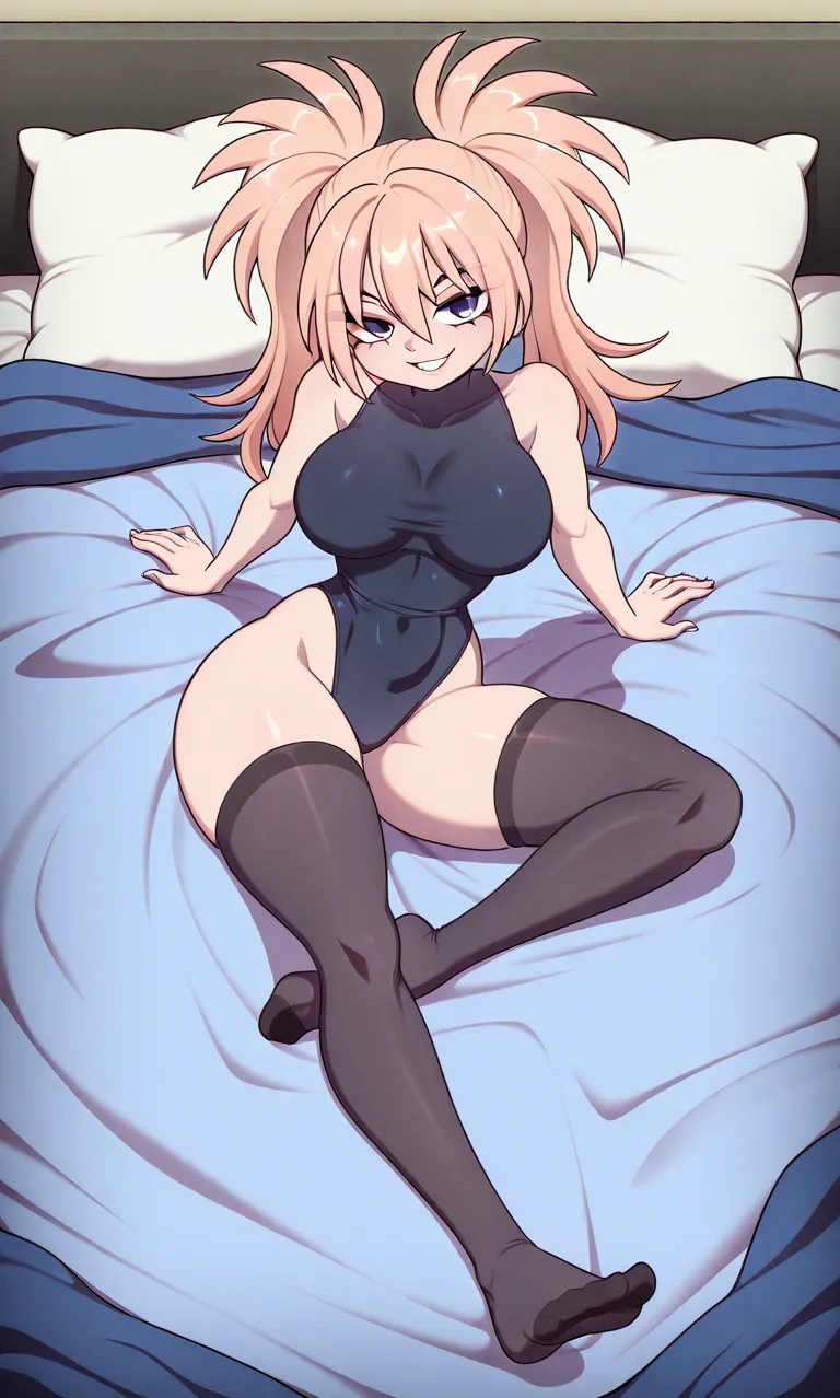 1girls, bed, bedroom, blue eyes, breasts, curvaceous, curvy figure, erect nipples under clothes, feet, female, female focus, female only, female/female, high resolution, highres, hoshi mikana, inazuma eleven, inazuma eleven (series), inazuma eleven victory road, legs apart, legwear, level-5, lying on bed, pleasure face, pussy, starla thorn, suggestive gesture, suggestive look, suggestive pose, thick thighs, twintails, visible pussy, wide hips, wings