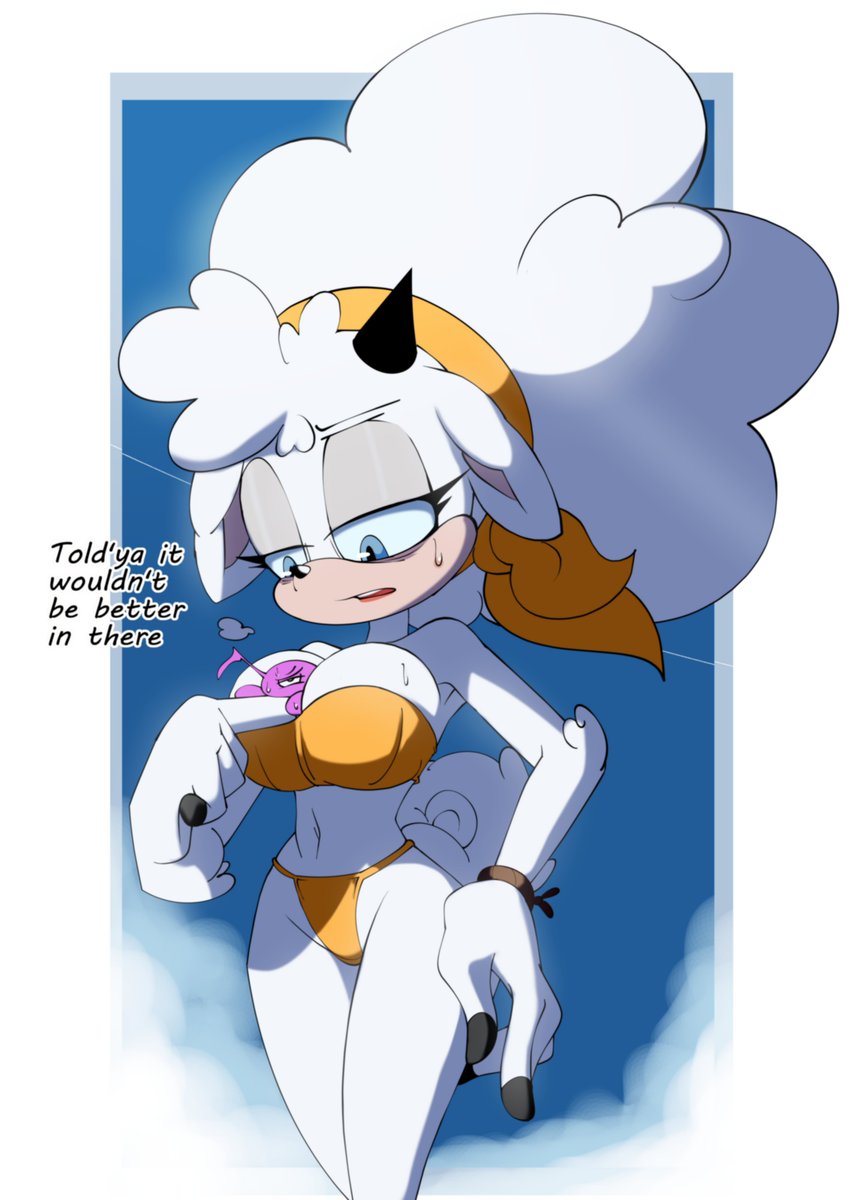 1girls, anthro, bikini, blue eyes, breasts, female, female only, furry, furry female, furry only, horns, lanolin the sheep, large breasts, magenta wisp, magenta wisp (sonic), maggie (sonic), poofy hair, sega, sheep, sonic (series), sonic the hedgehog (idw), sonic the hedgehog (series), sweat, swimsuit, tail, tired eyes, tobitobi90, two piece swimsuit, white hair, wisp, wisp (sonic)
