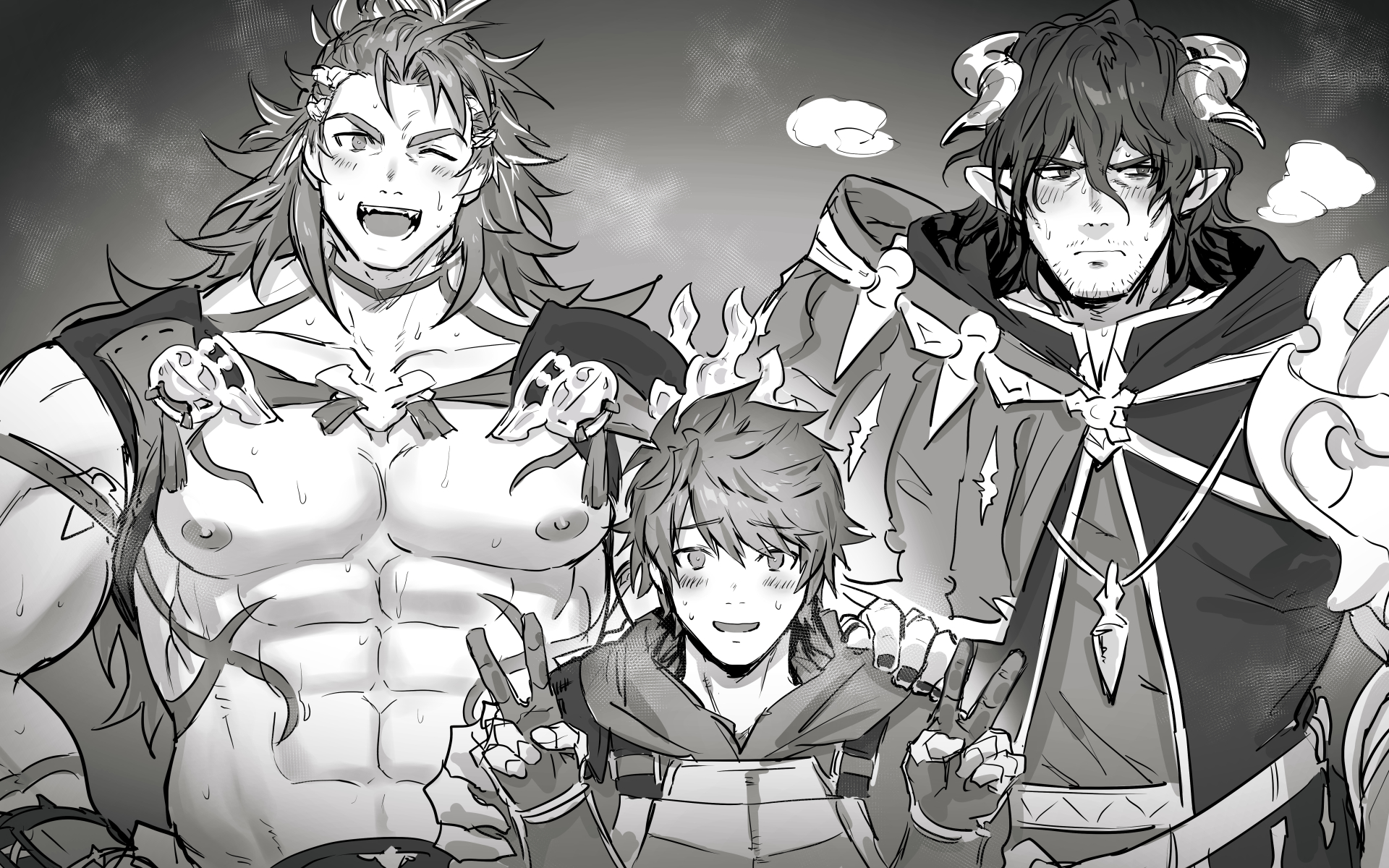 bara, bara tits, big breasts, black and white, breasts, buff male, draph, embarassed, embarrassed, flushed, flushed face, gay, geisenborger, gran (granblue fantasy), granblue fantasy, haiki (tegusu), haiki396g, huge biceps, hung male, imminent breeding, imminent impregnation, imminent sex, implied sex, male, male only, maledom, malesub, monochrome, muscular, muscular body, muscular male, musk, paradise, peace sign, sex slave, steam, surrounded by men, tremor bursted, wilnas (granblue fantasy), yaoi