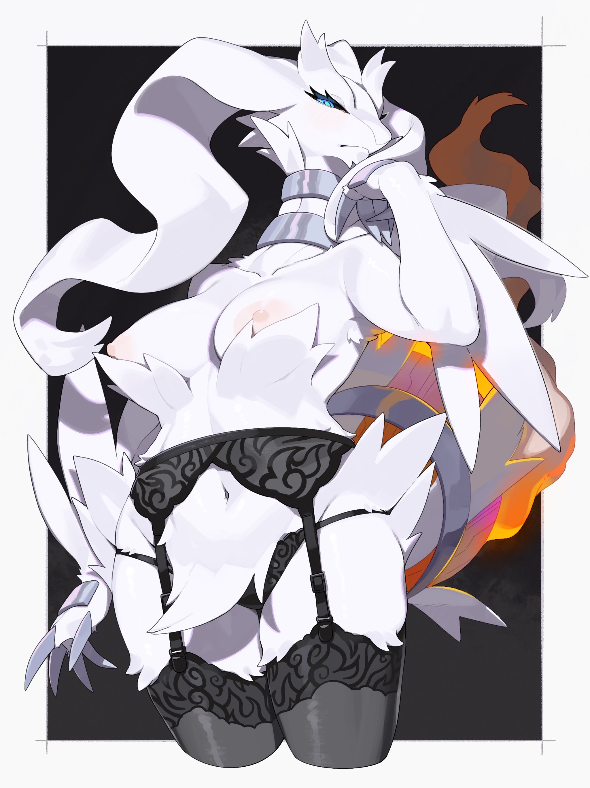 1girls, 2025, 5 fingers, anthro, areolae, black sclera, blue eyes, breasts, claws, clothed, clothed anthro, clothed female, clothing, digital media (artwork), female, female only, finger claws, fingers, front view, fur, generation 5 pokemon, hi res, kame 3, legendary pokemon, legwear, looking at viewer, narrowed eyes, navel, nintendo, nipples, panties, pantsless, pantsless anthro, pantsless female, partially clothed, partially clothed anthro, partially clothed female, pokemon, pokemon (species), reshiram, simple background, solo, standing, stockings, tail, topless, topless anthro, topless female, underwear, white background, white body, white fur