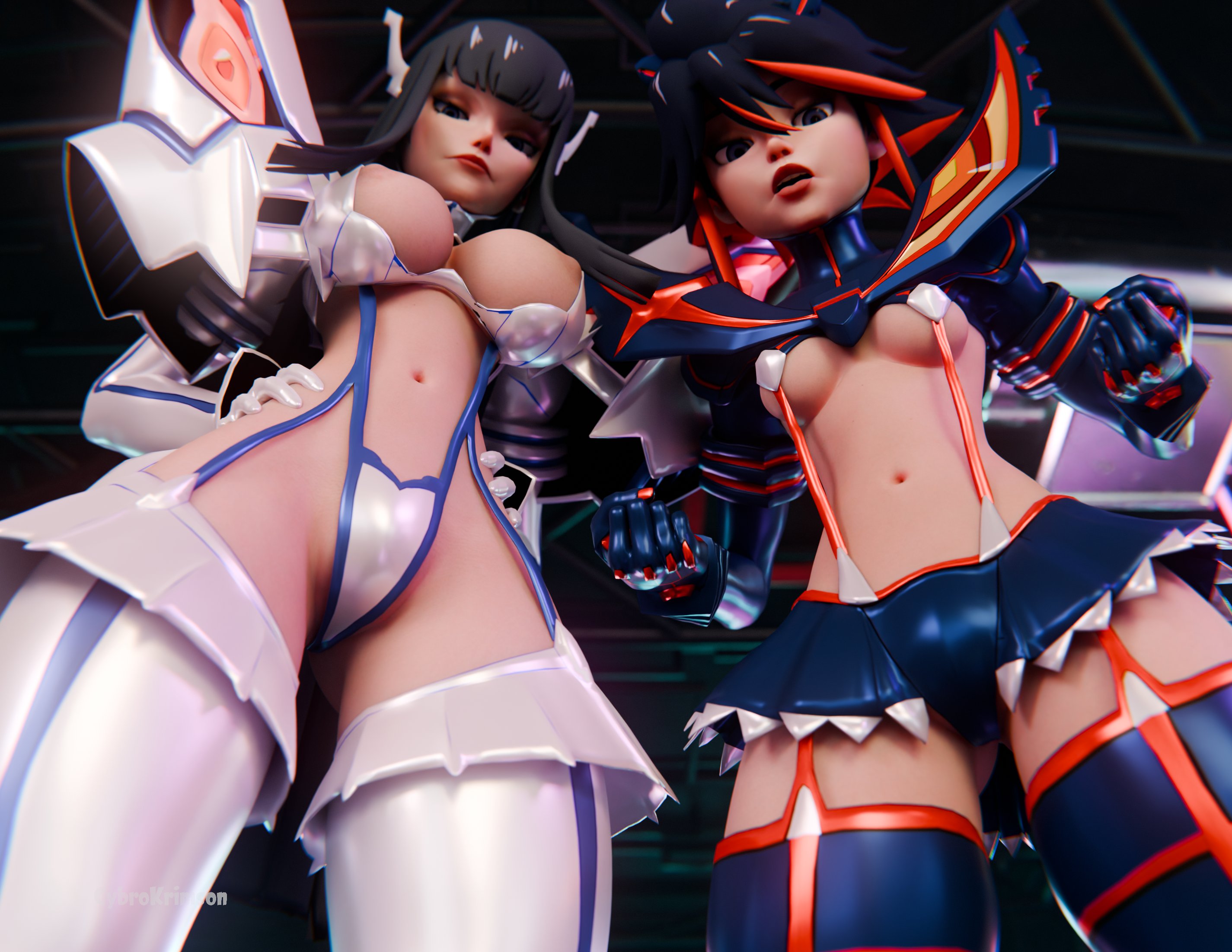 3d, big ass, black hair, blender, breasts, clothed, cybrokrimson, exposed breasts, female, kill la kill, kiryuuin satsuki, matoi ryuuko, small breasts, thick thighs